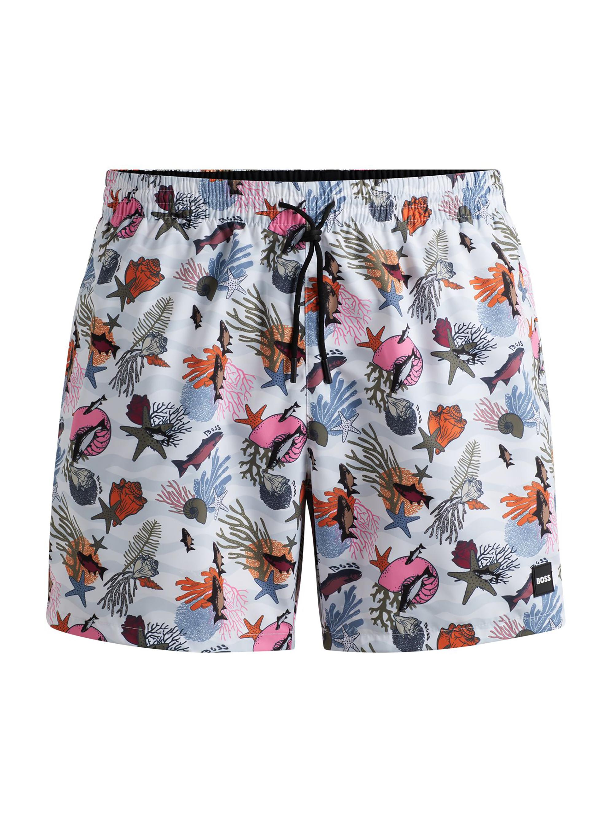 BOSS Men's Fully Lined Swim Shorts with Seasonal Print - Natural
