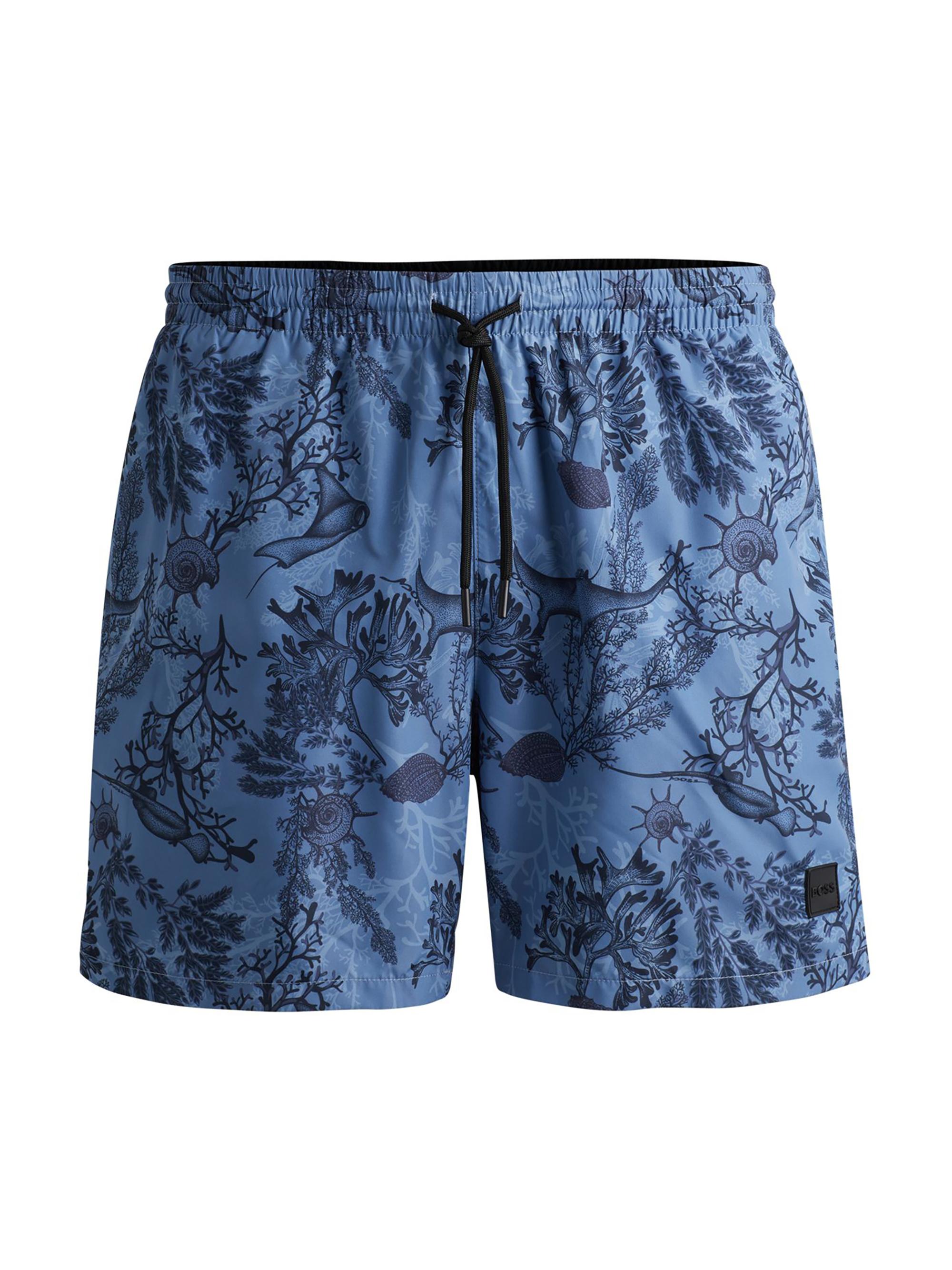 BOSS Men's Logo-Badge Swim Shorts with Seasonal Print - Blue