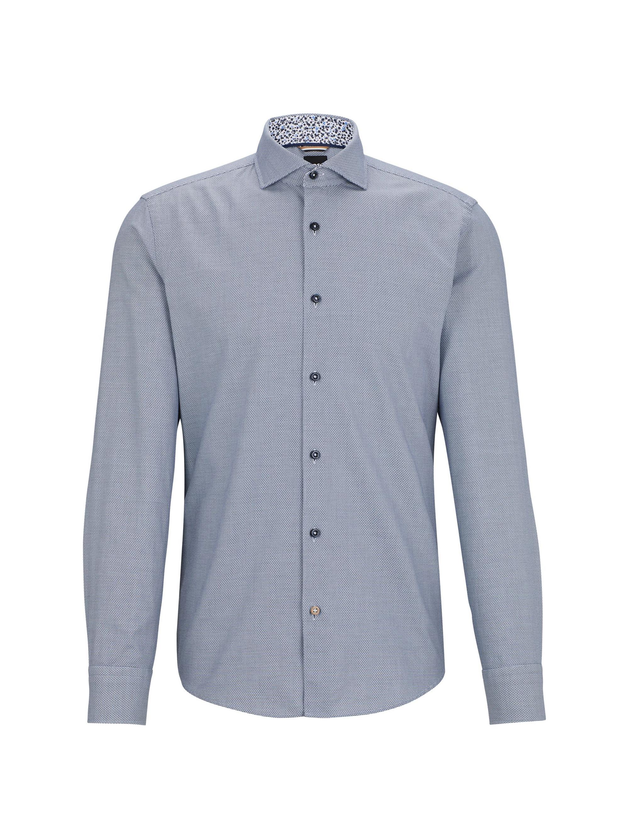 BOSS Men's Casual Fit Shirt in Structured Cotton with Spread Collar - Blue