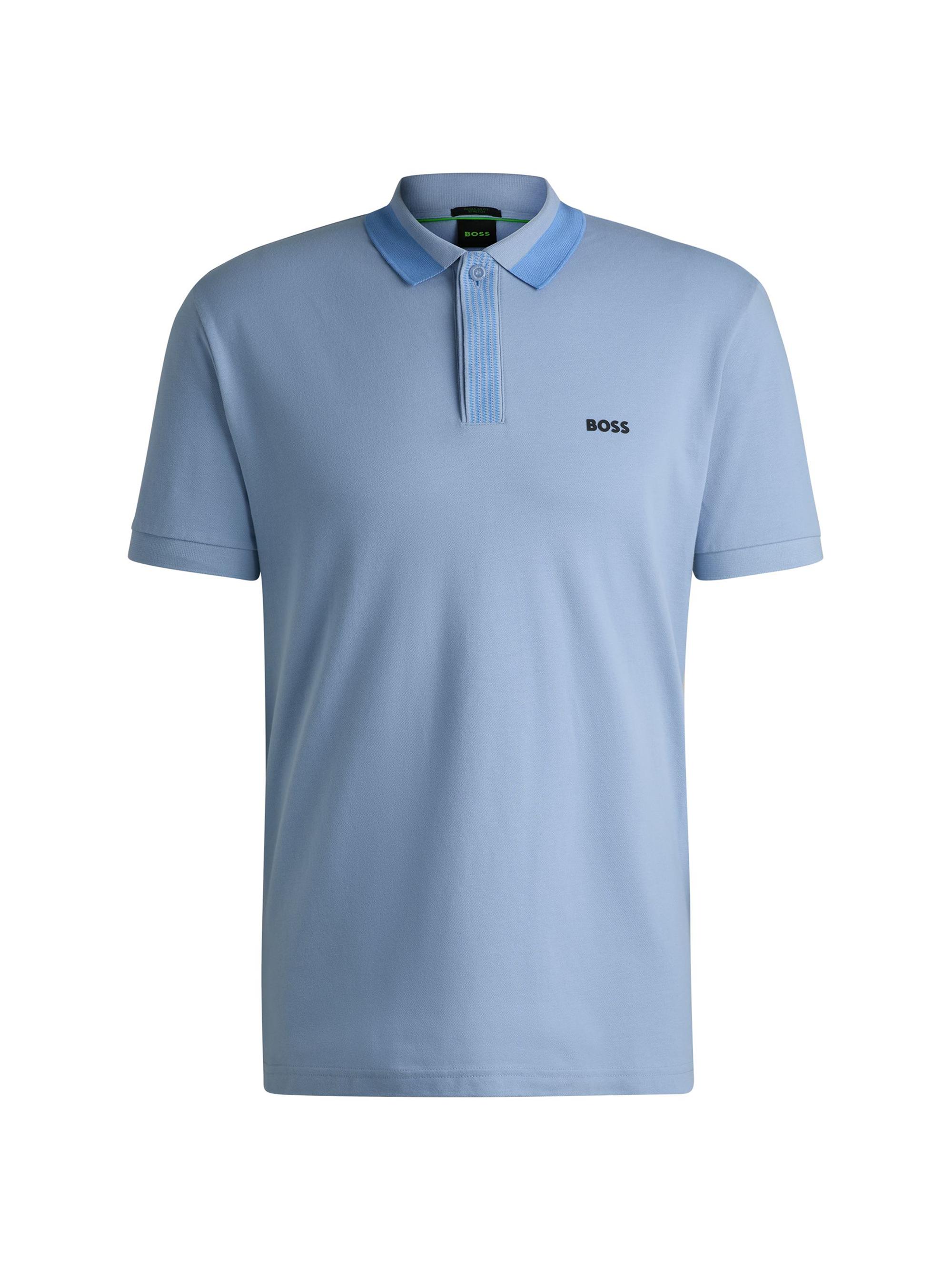 BOSS Men's Stretch-Cotton Polo Shirt with Contrast Logo - Blue