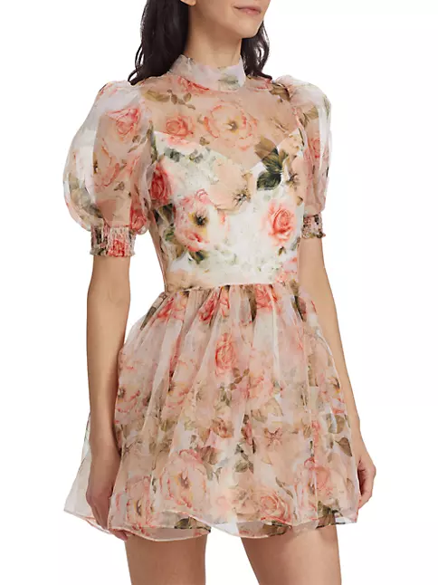White and Fuchsia Floral Drop Hem Lined Organza Mini Dress with Tie Waist