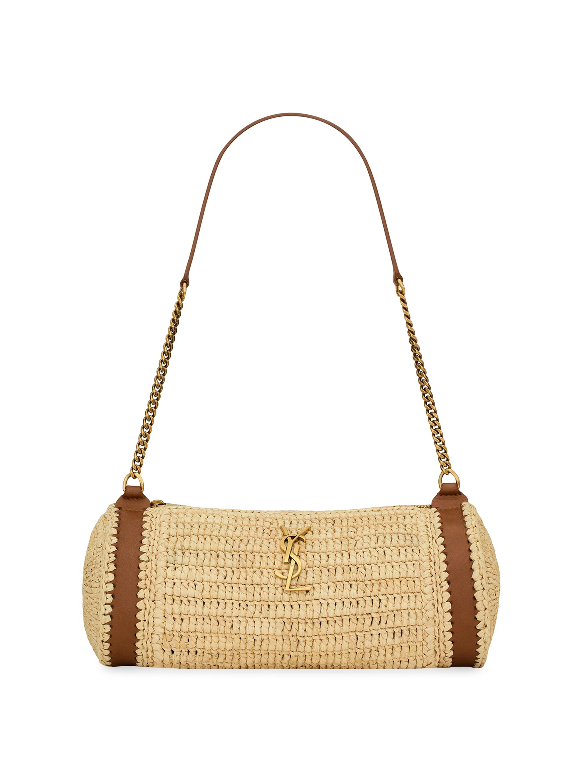 Saint Laurent Women's Cassandre  Cylindric Bag in Raffia and Vegetable-Tanned Leather - Black