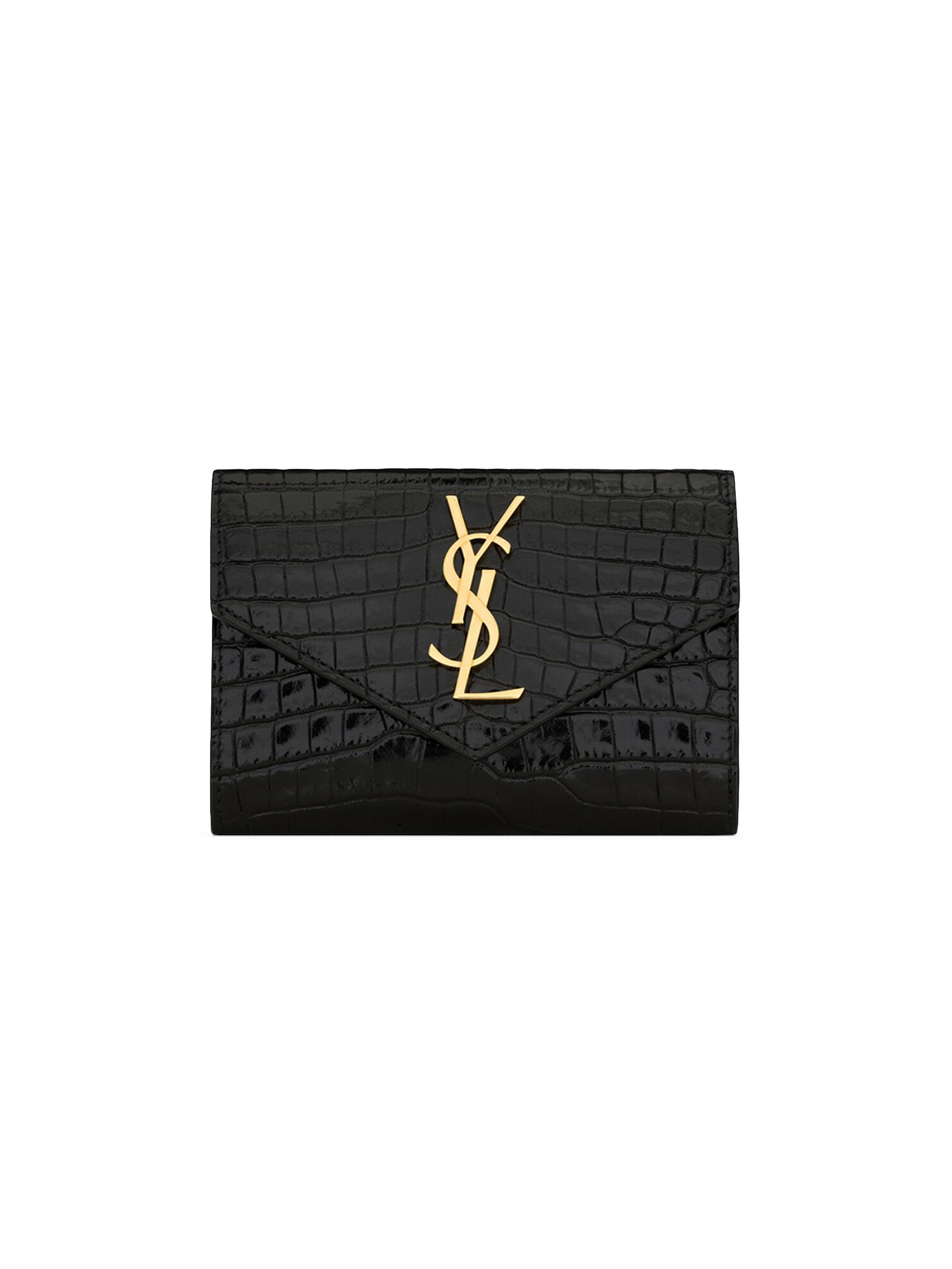 Saint Laurent Women's Cassandre  Envelope Wallet in Shiny Crocodile-Embossed Leather - Black