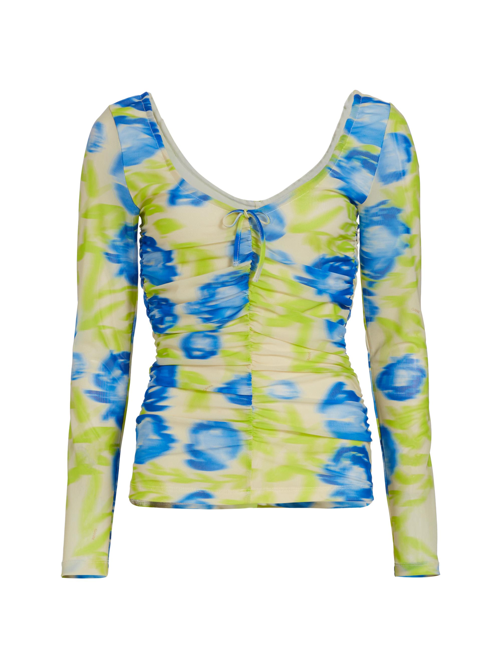 Ganni Women's Floral Mesh Scoop-Neck Top - Strong Blue