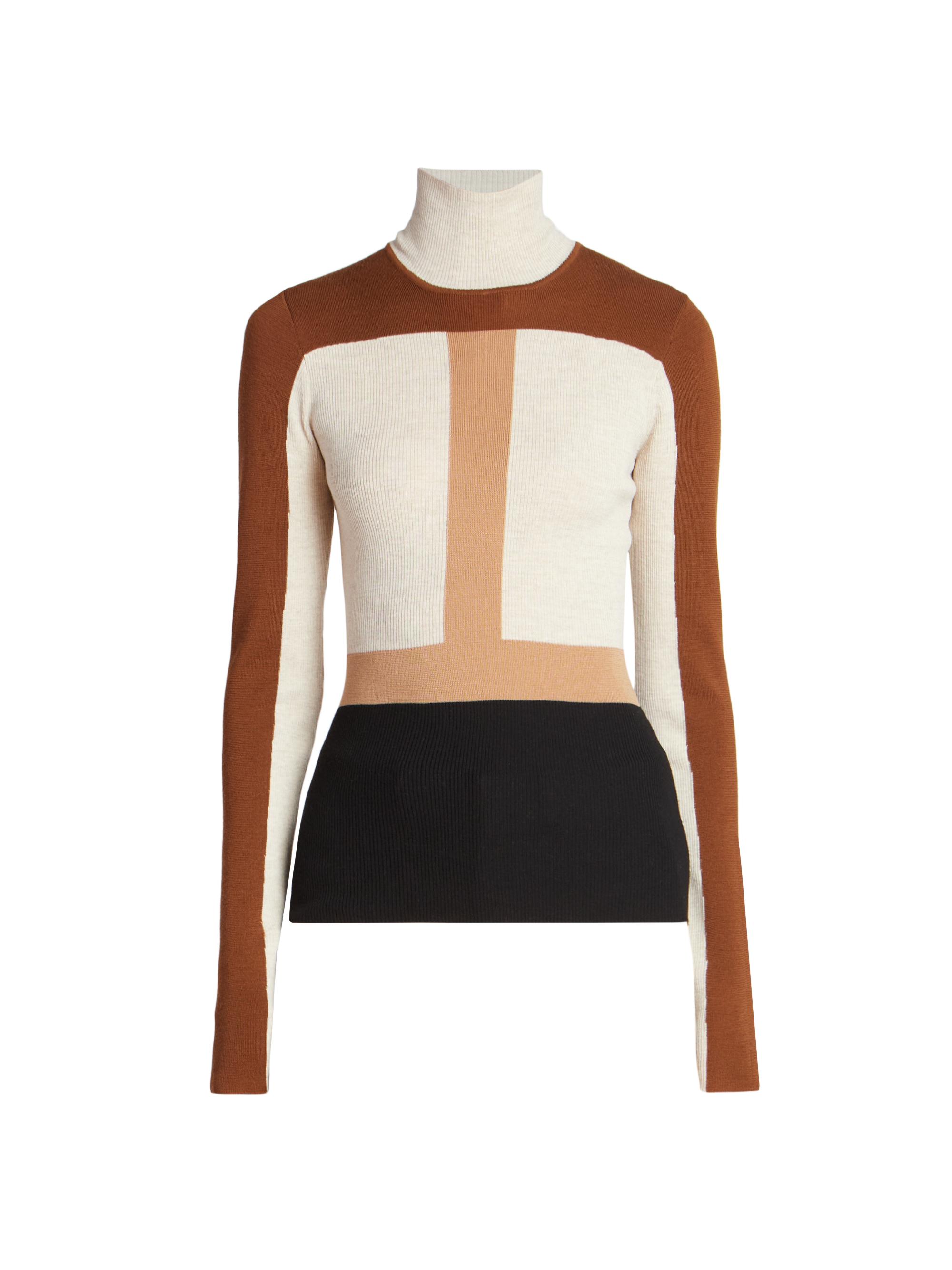 Chloé Women's Light Wool Intarsia Fitted Turtleneck Colorblock Sweater - Multicolor Brown