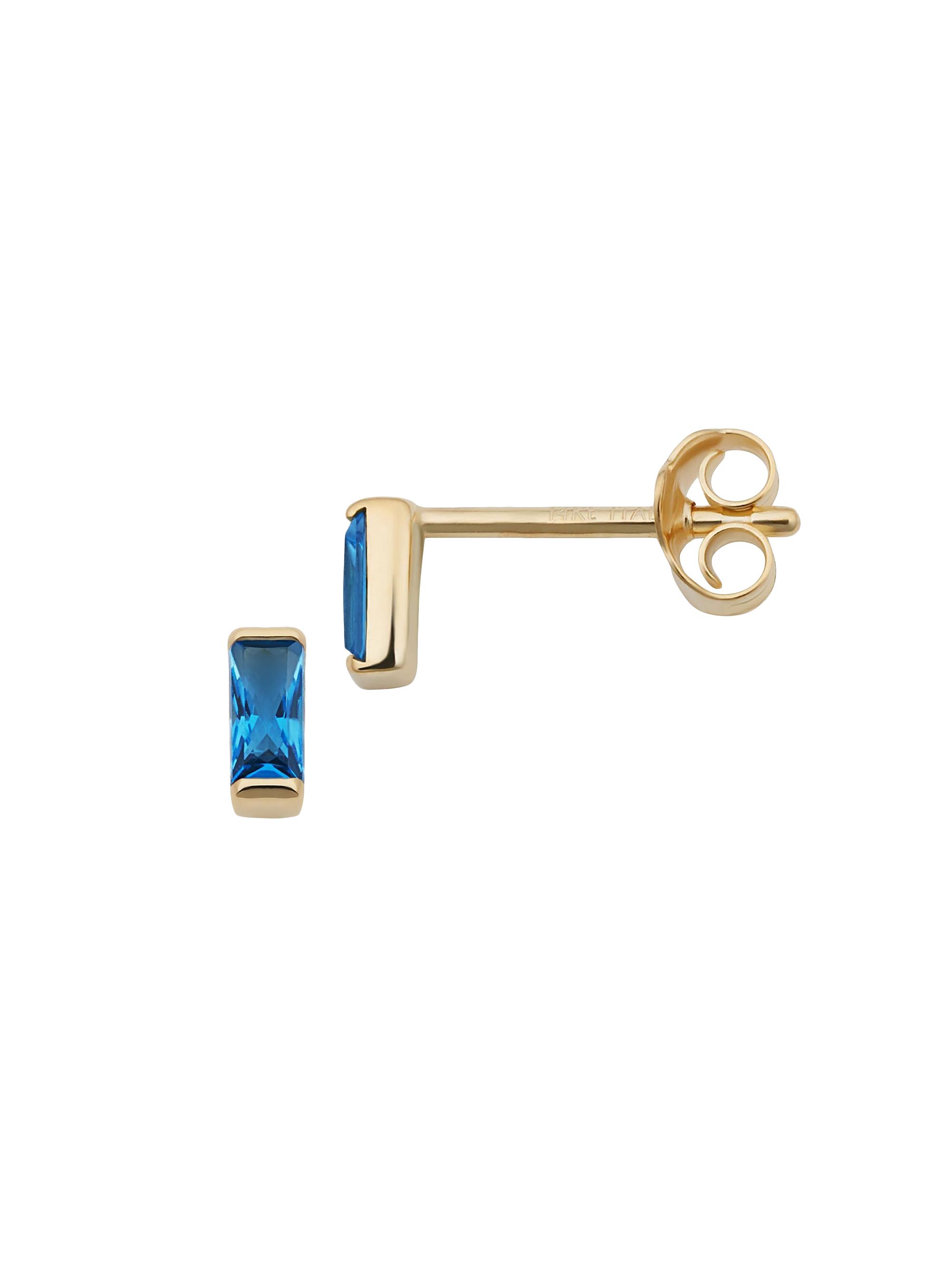 Oradina Women's 14K Yellow Solid Gold, Ocean Blue Fresco Baguette Micro Single Stud Single - Ocean Blue