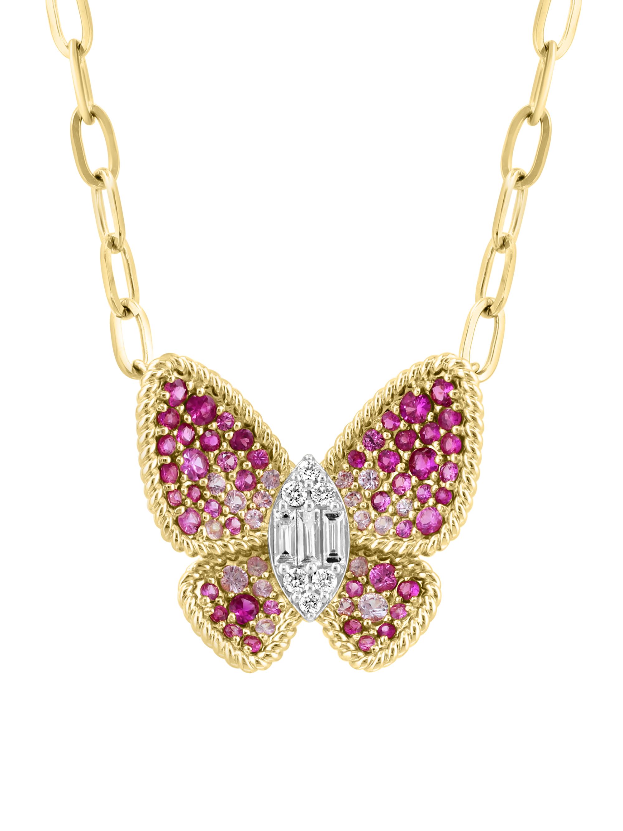 Saks Fifth Avenue Collection Women's 14K Yellow Gold, Pink Sapphire & 0.27 TCW Diamond Butterfly Pendant Necklace - Pink