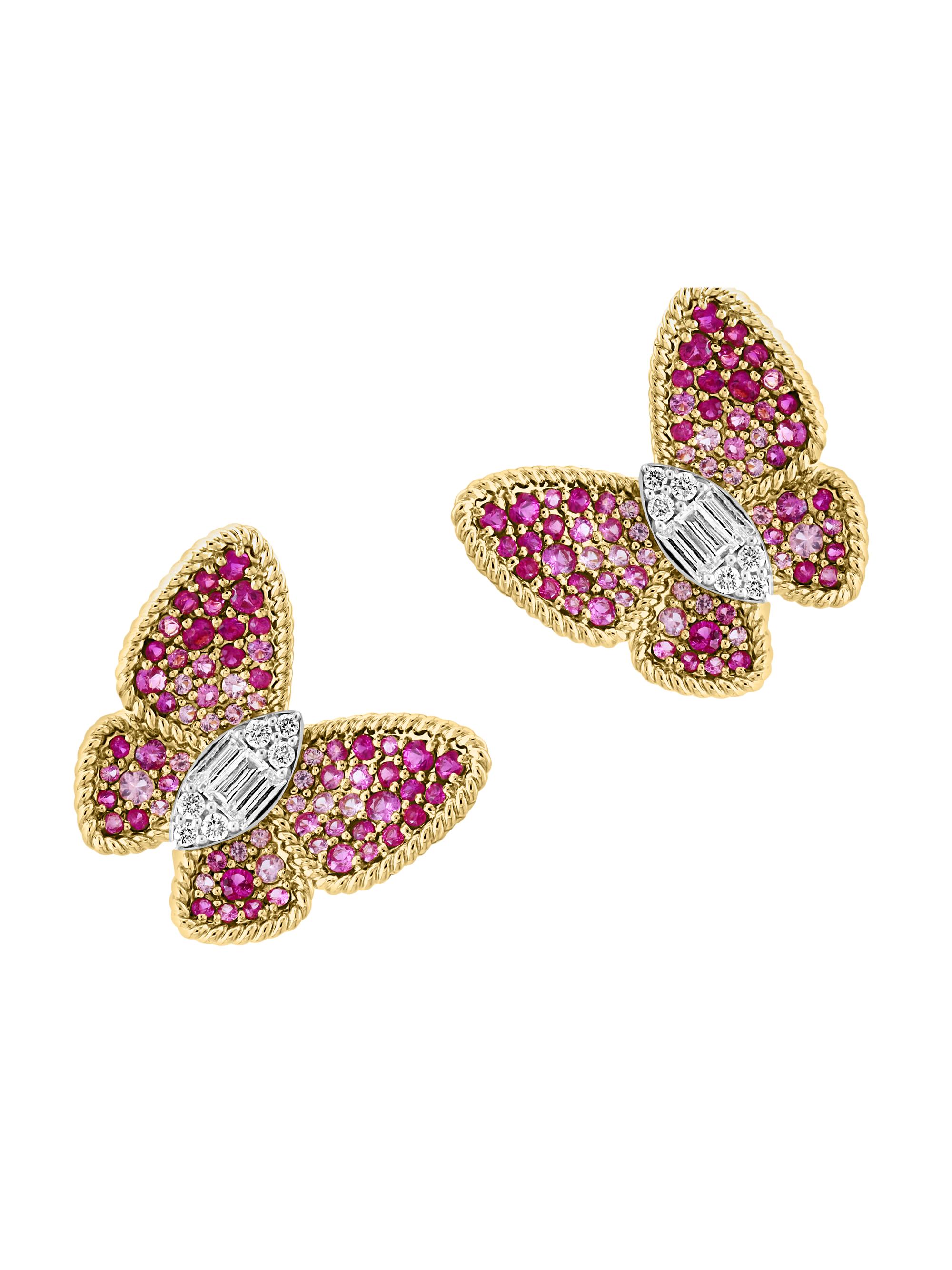 Saks Fifth Avenue Collection Women's 14K Yellow Gold, Pink Sapphire & 0.39 TCW Diamond Butterfly Stud Earrings - Pink