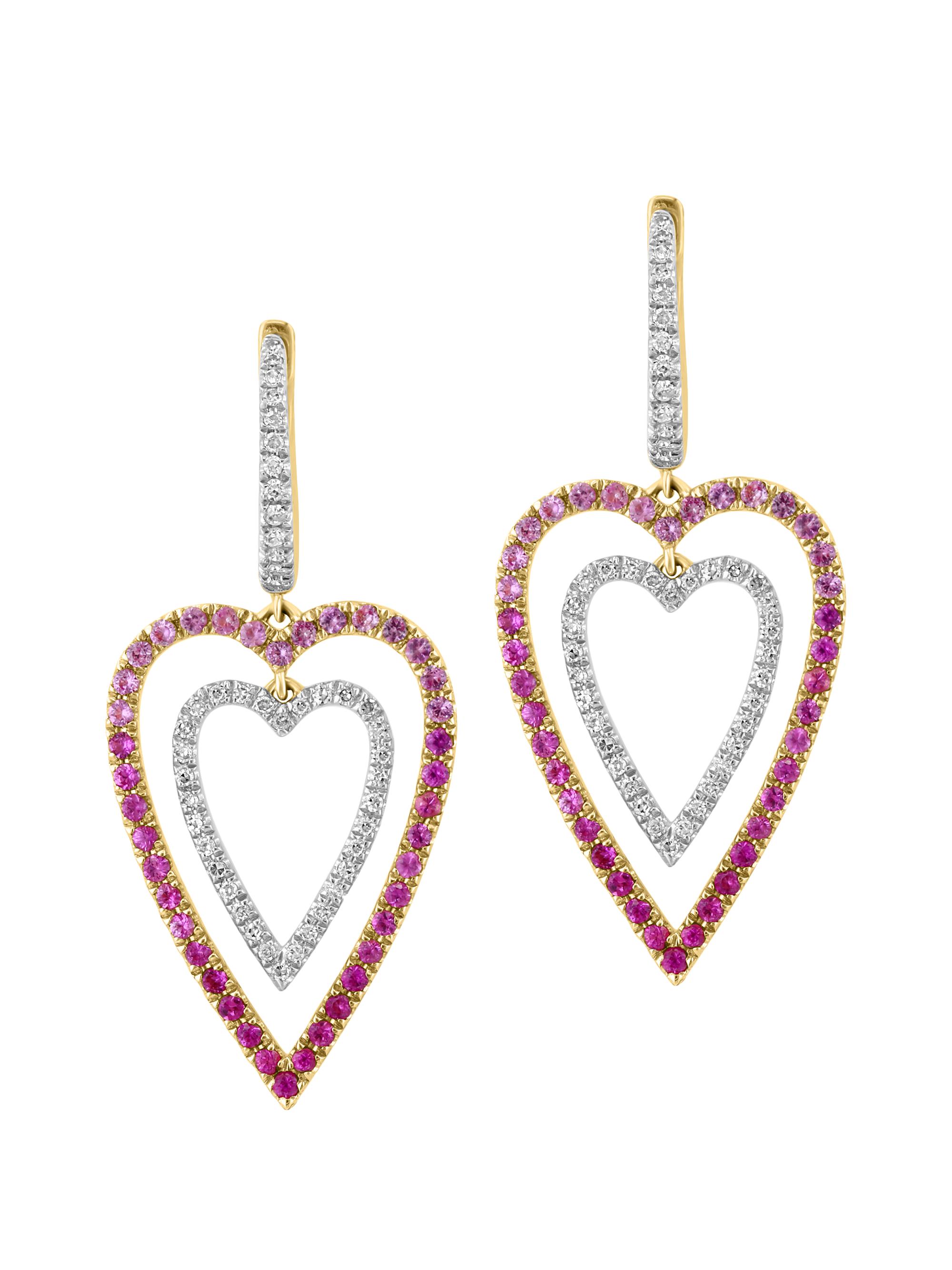 Saks Fifth Avenue Collection Women's 14K Yellow Gold, Pink Sapphire & 0.37 TCW Diamond Double-Heart Drop Earrings - Pink