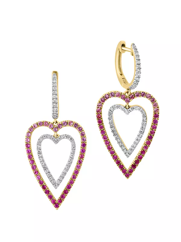 14K Yellow Gold, Pink Sapphire & 0.37 TCW Diamond Double-Heart Drop Earrings