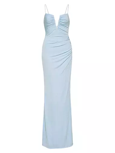Katie May Mary Kate Stretch Strapless Cowel Back Gown Dress Blue