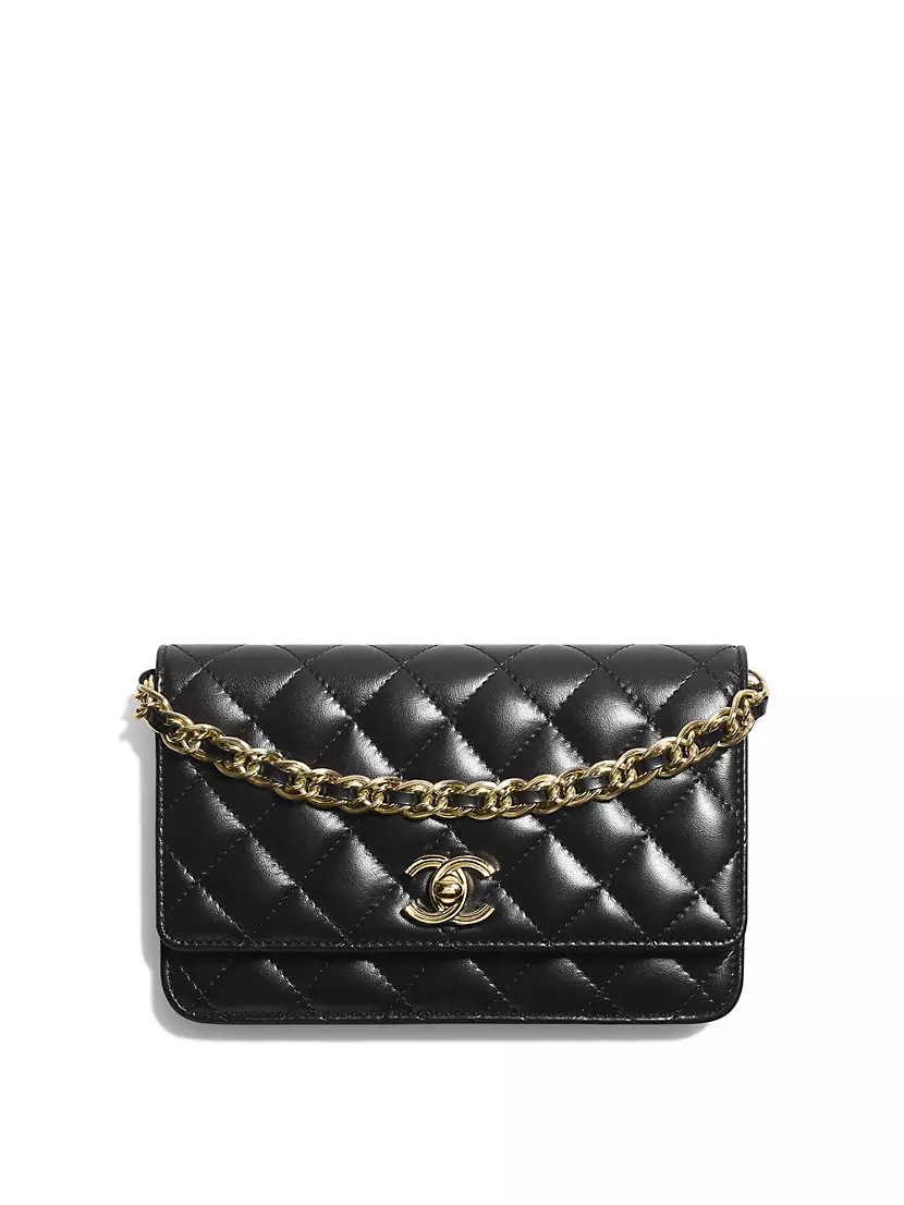 Wallet on chain - Lambskin & gold-tone metal, black — Fashion