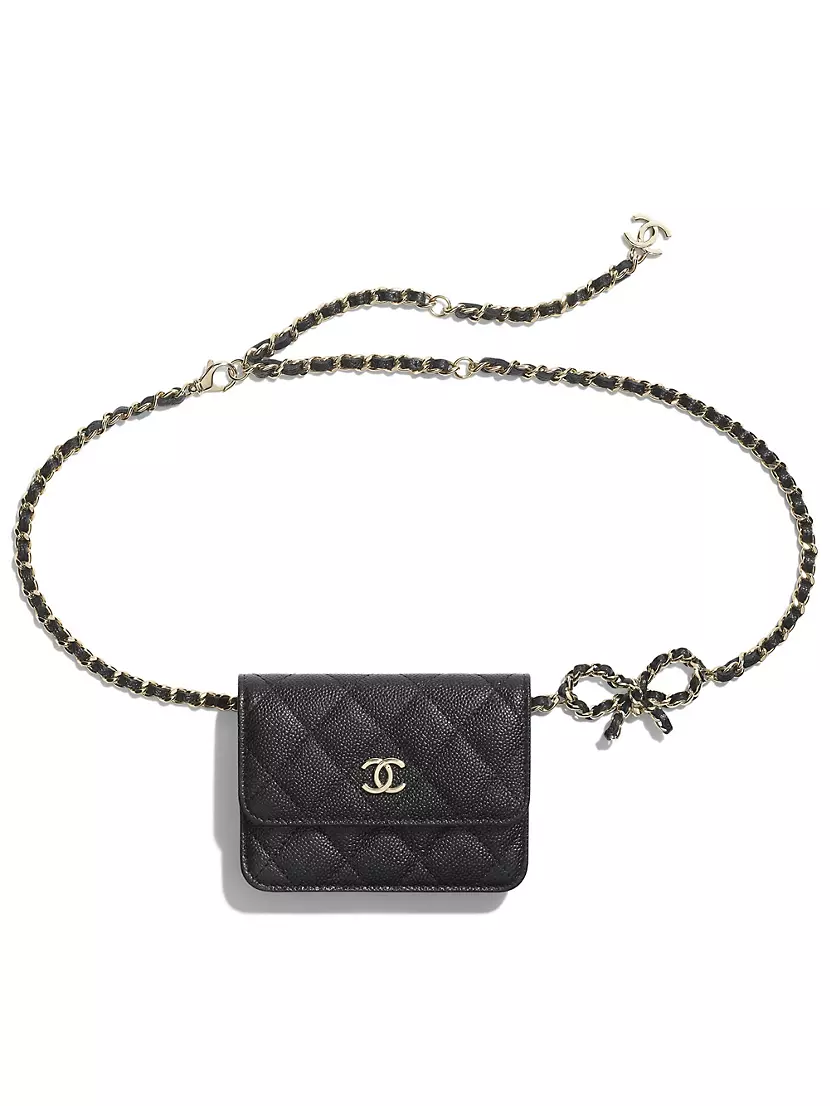 Chanel Caviar Metal Quilted Striated Zip Card Holder Wallet Black