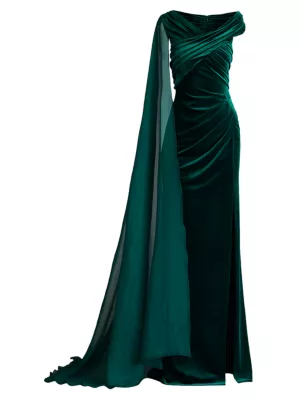 Tadashi Shoji Women's Velvet Chiffon Drape Gown - Pine