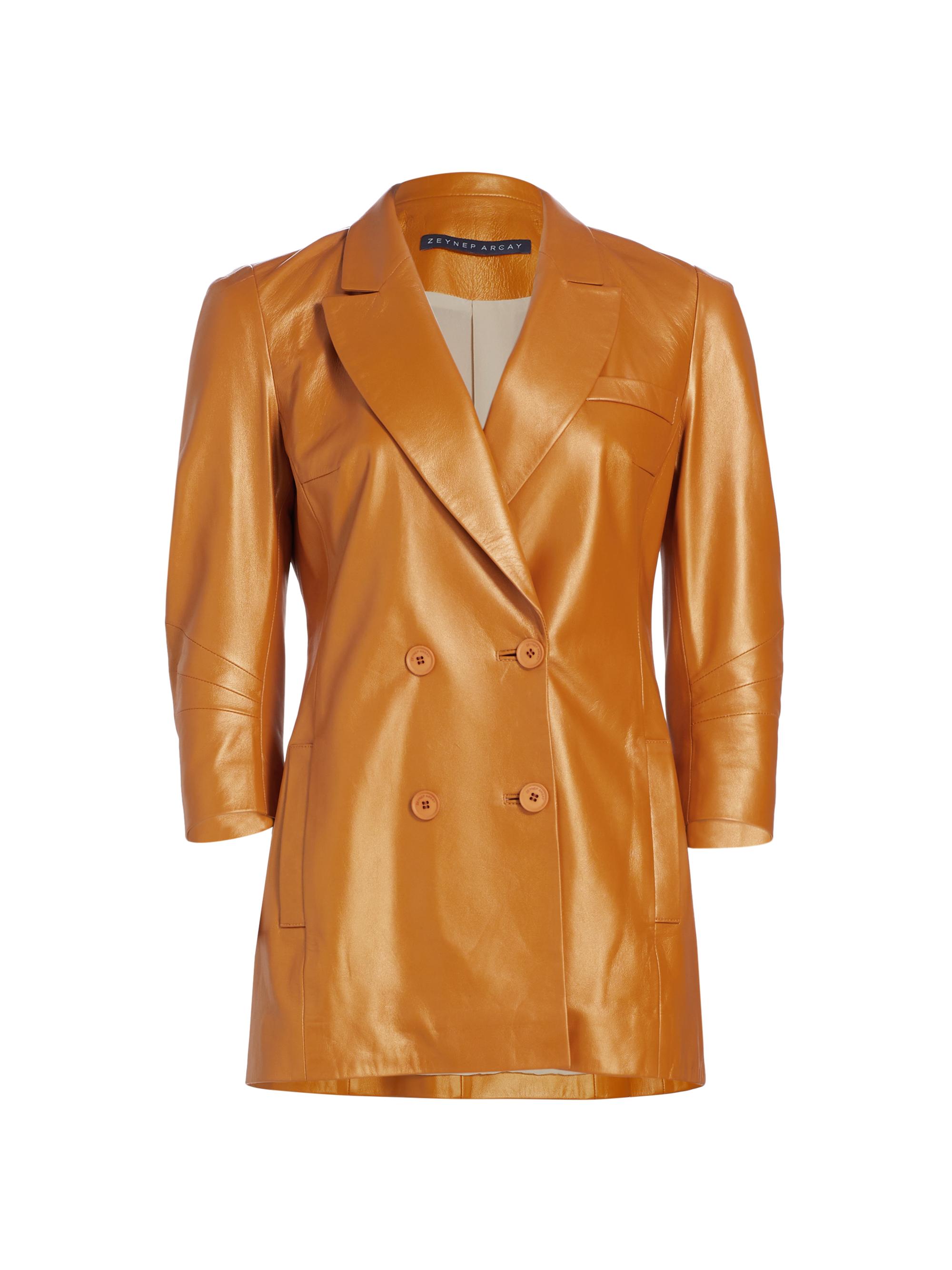 Zeynep Arçay Women's Double-Breasted Coated Leather Blazer - Amber