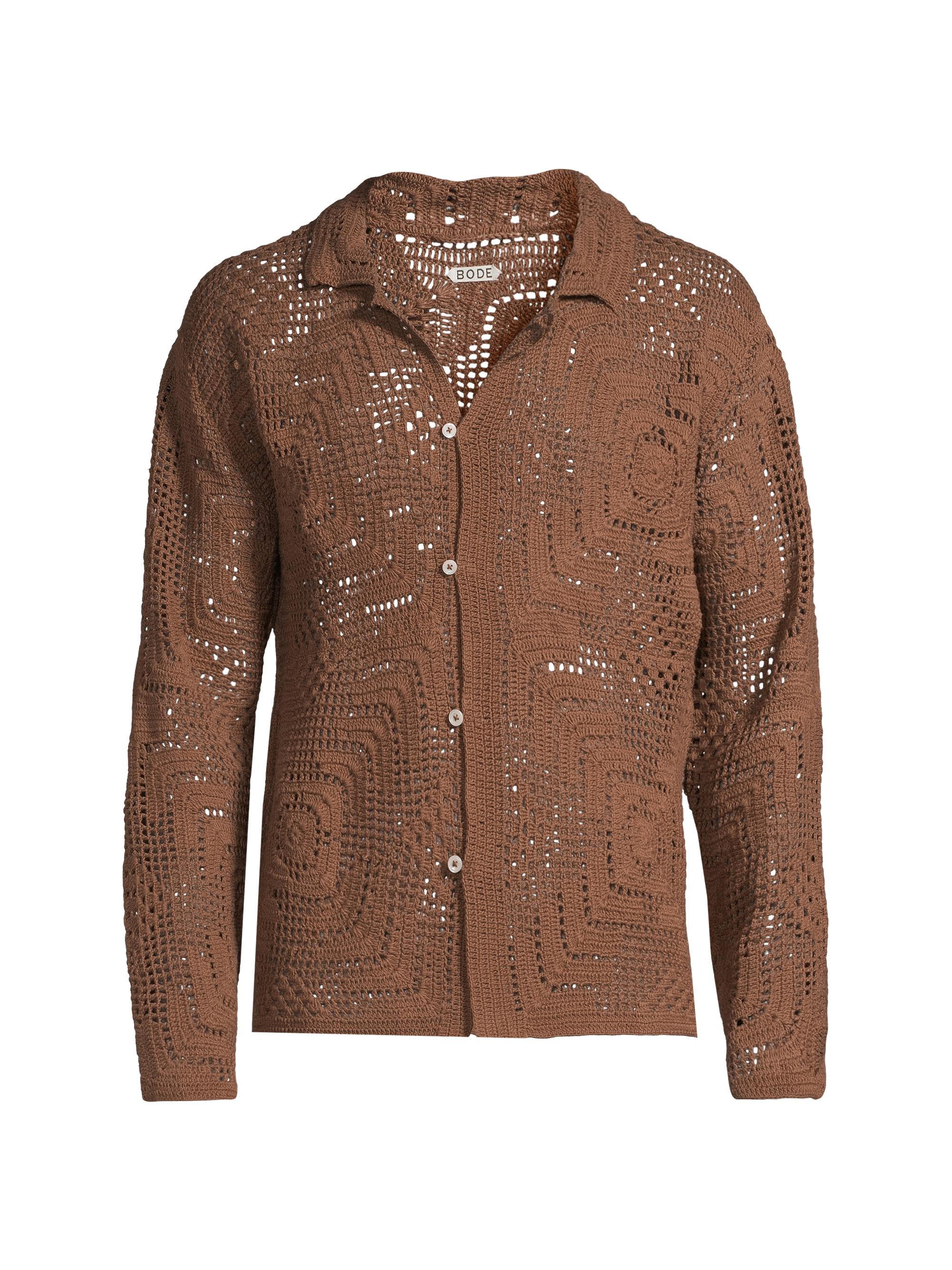 Bode Men's Crochet Button-Front Shirt - Brown