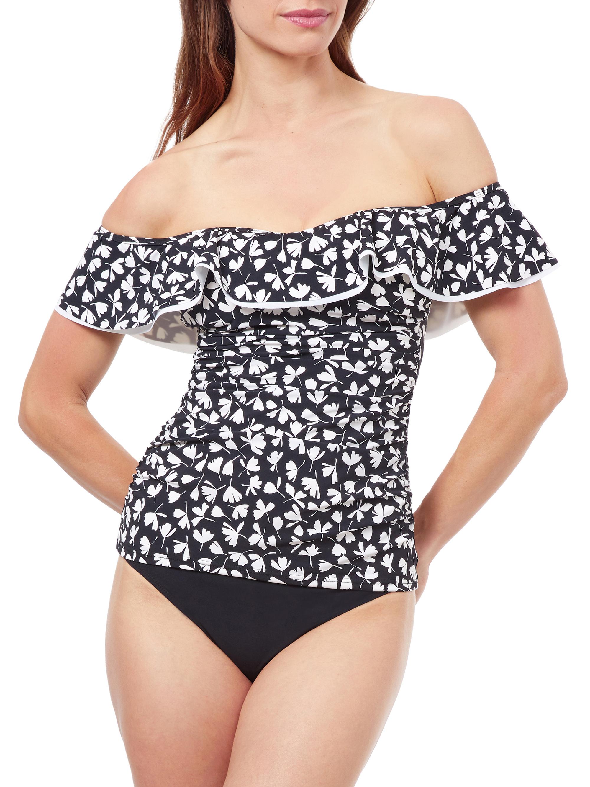 Gottex Swimwear Women's Floral Off-The-Shoulder Tankini Top - Black White
