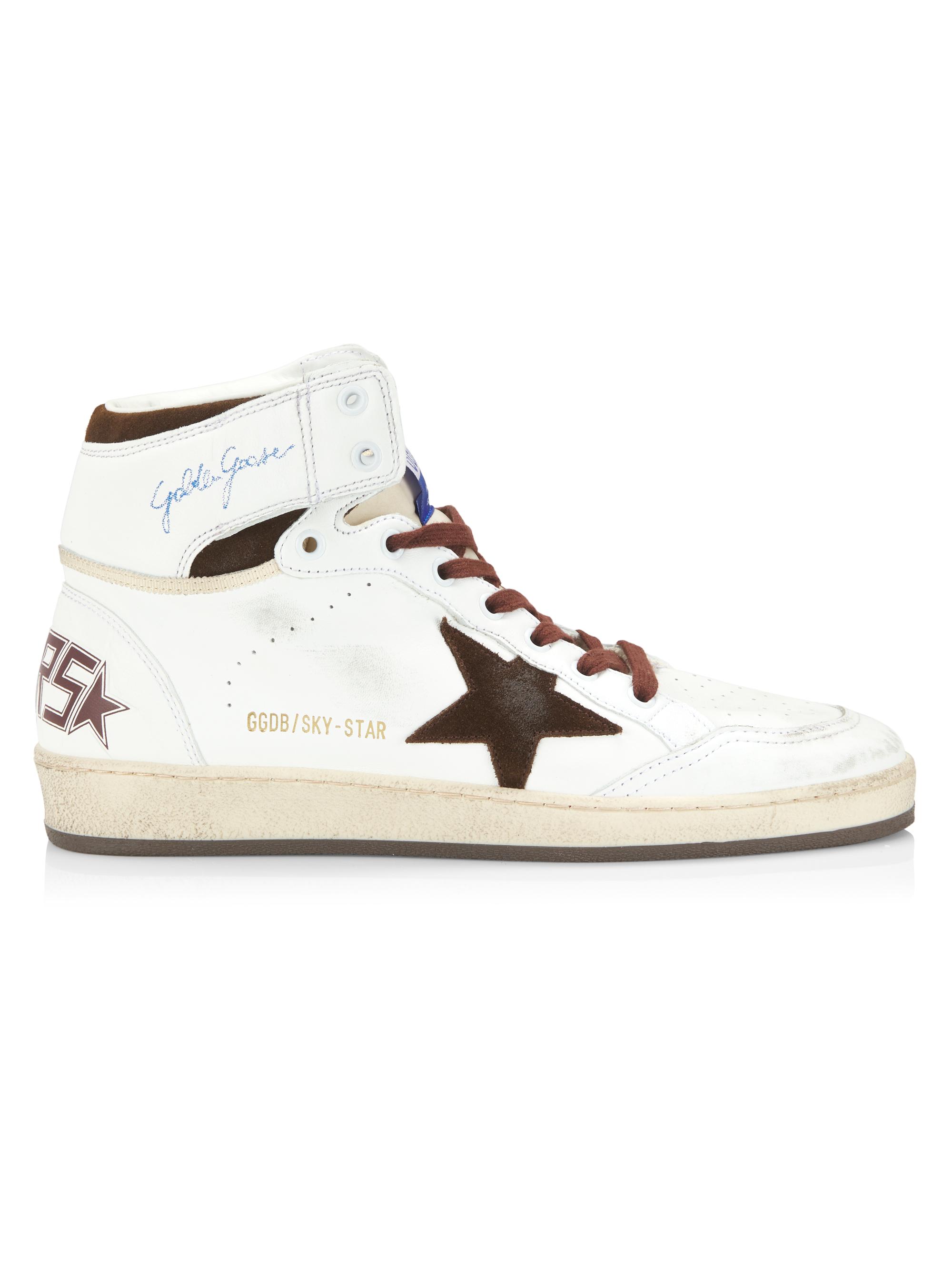 Golden Goose Men's Sky Star And Spur Nylon Suede Star High-Top Sneakers - White Beige Chocolate Brown