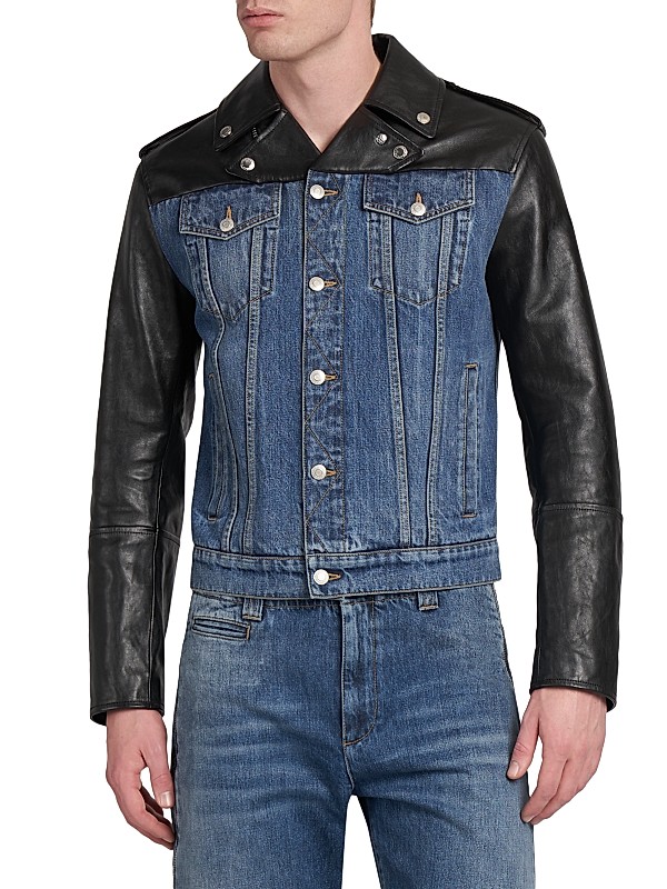 Shop McQueen Leather & Denim Biker Jacket | Saks Fifth Avenue Shop McQueen Leather & Denim Biker Jacket | Saks Fifth Avenue