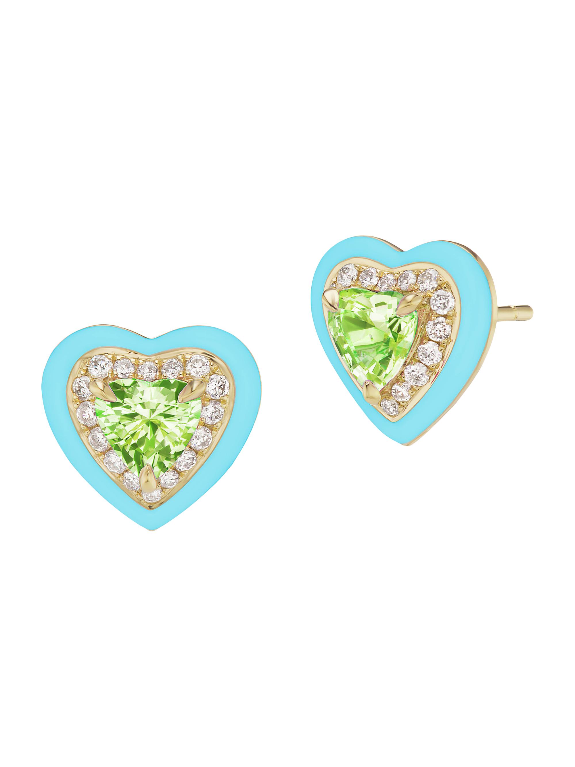 Emily P. Wheeler Women's Dress Up 18K Yellow Gold, Enamel, Peridot, .22 TCW Diamond Heart Stud Earrings