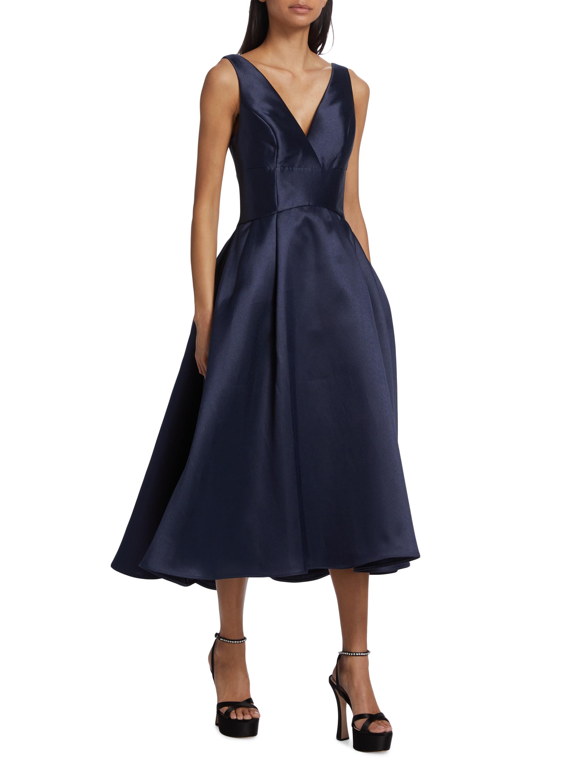 Amsale Flared Mikado Midi-Dress - Navy | Vtir