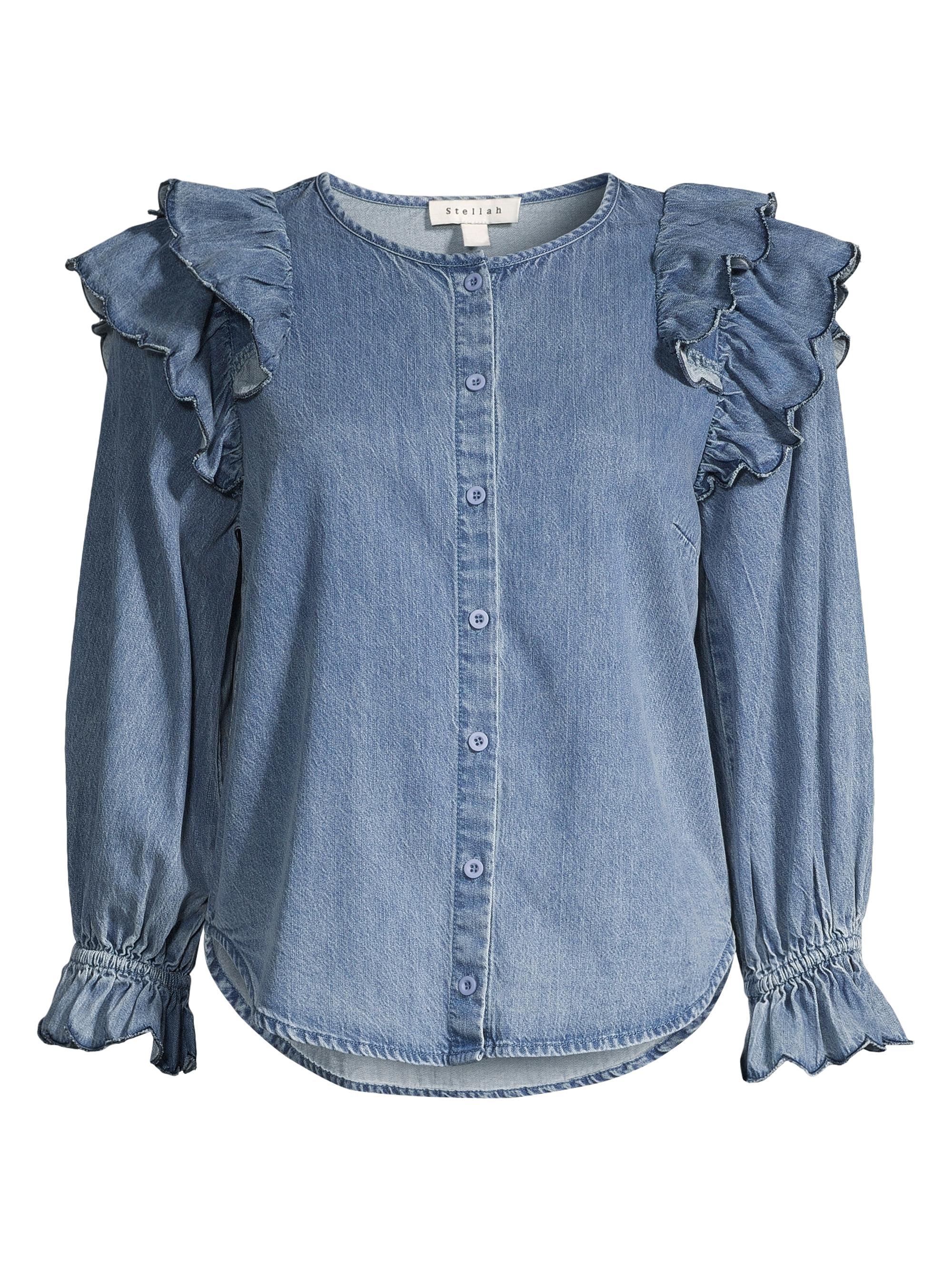 stellah Women's Denim Ruffle Long Sleeve Top - Denim