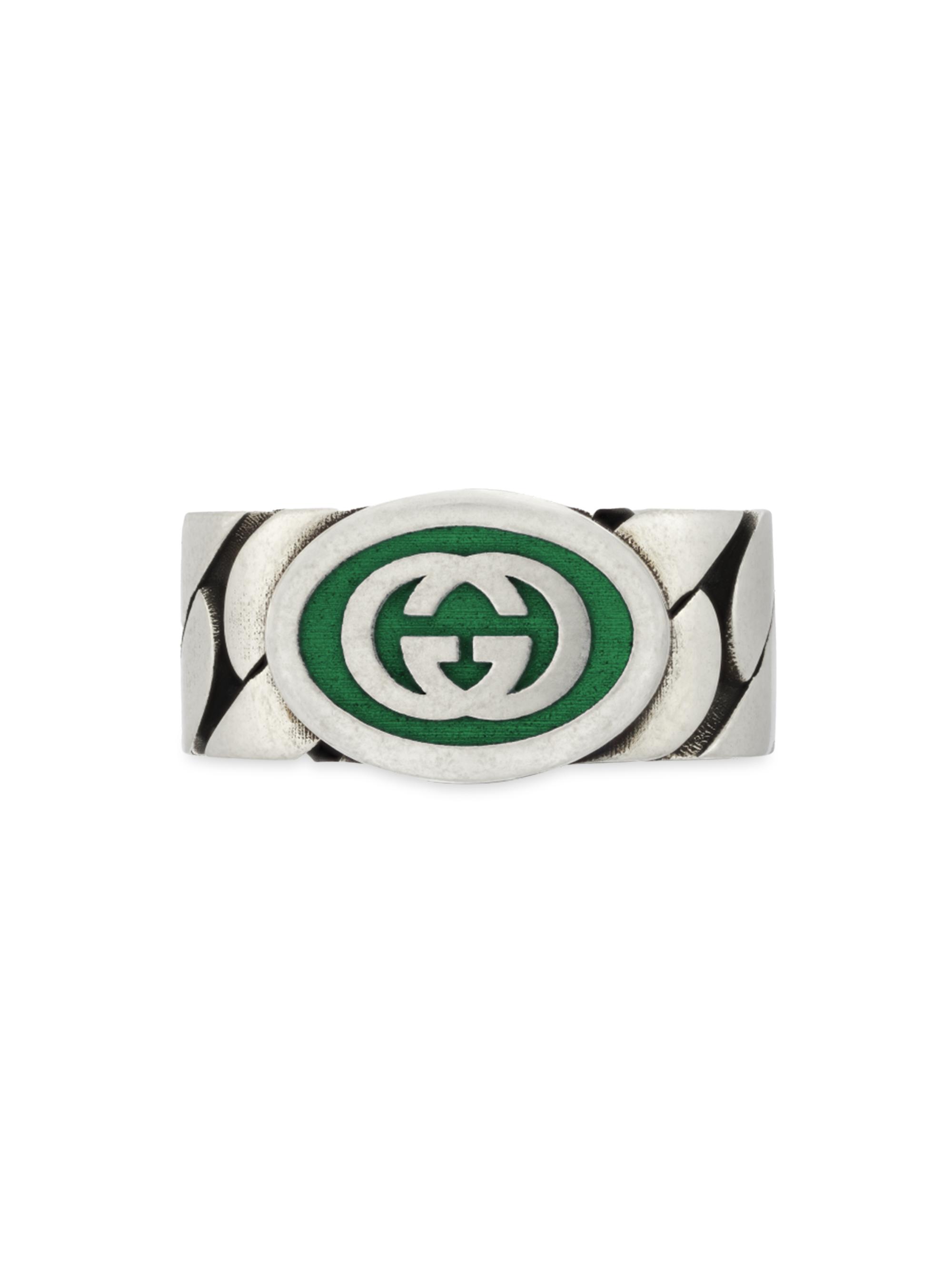 Gucci Men's Unisex Interlocking G Enamel Sterling Silver Ring - Silver Green