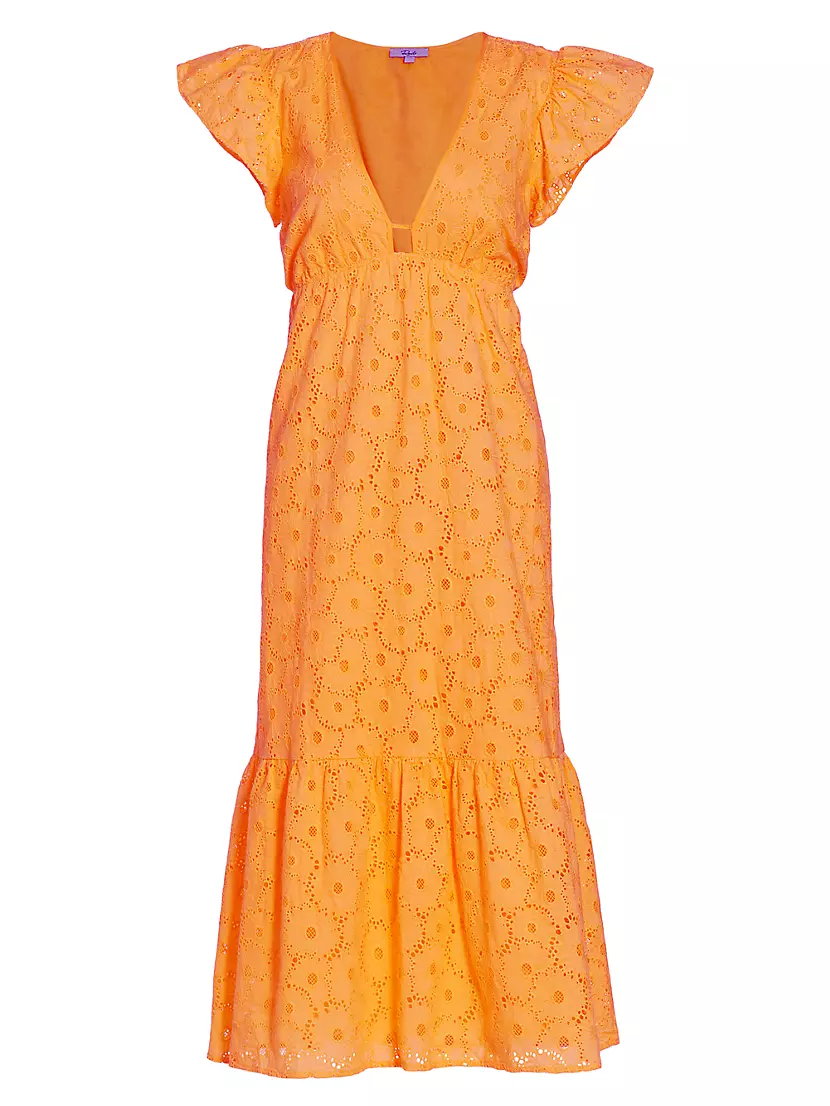 Short -Sleeve V-Neck Midi A-Line Eyelet Lace Dress