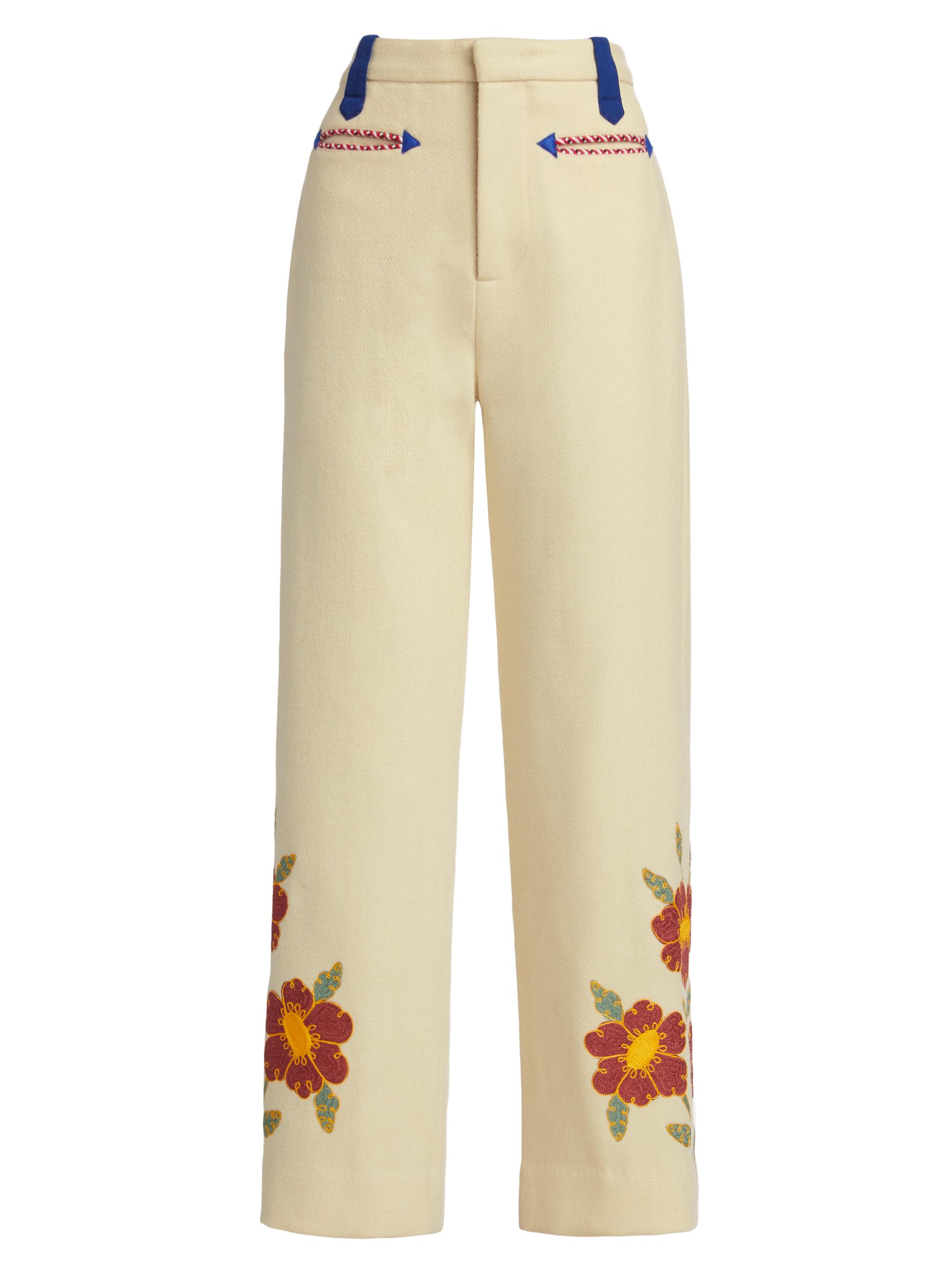 Bode Women's Grandiflora Embroidered Trousers - Cream Multi
