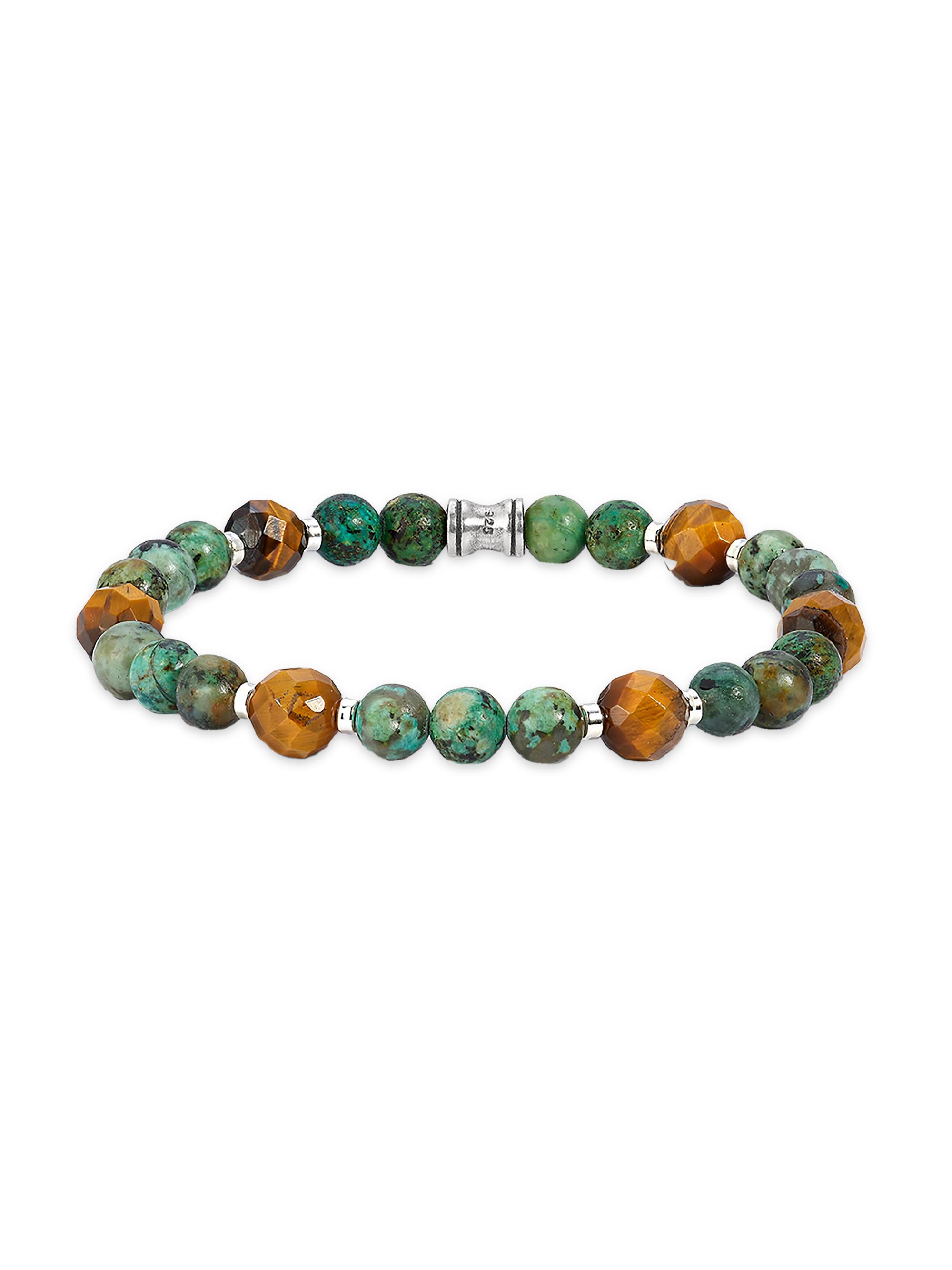 Jonas Studio Men's Dakota Turquoise, Tiger Eye, & Sterling Silver Stretch Bracelet - Green Brown