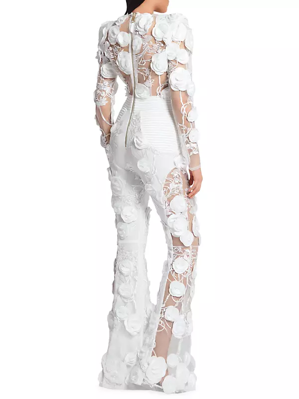 LACE SLEEVE PANELED FLARE BOTTOM JUMPSUIT (WHITE) – Dress Code