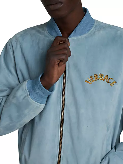 Versace Men's Embroidered Suede Bomber Jacket - Summer Sky Blue - Size 40