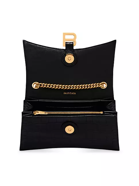 BALENCIAGA: Crush bag in crocodile print leather with charm - Black