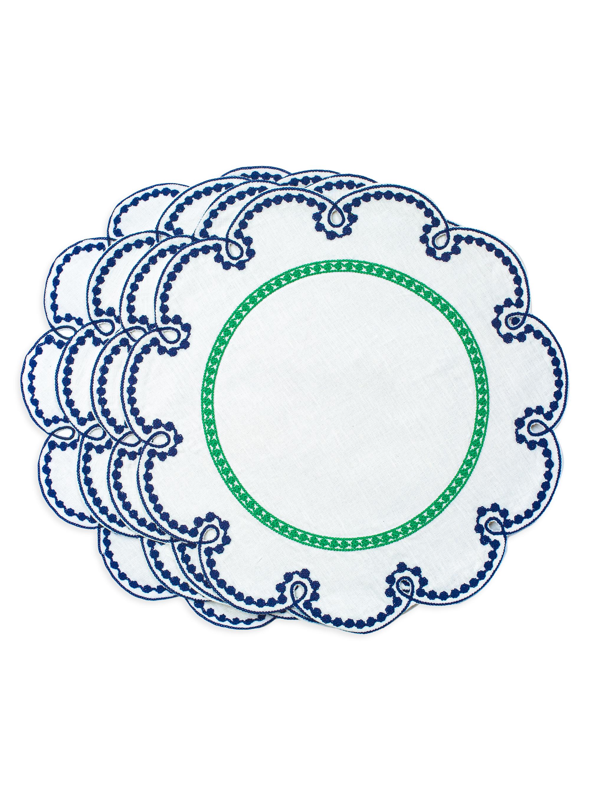 Misette Embroidered Linen Placemats 4-Piece Set - Blue Green