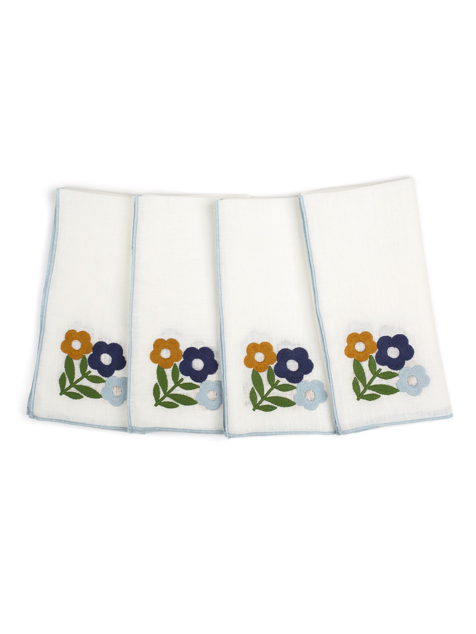 Misette Floral Embroidered Linen 4-Piece Napkin Set - Floral Dark Blue