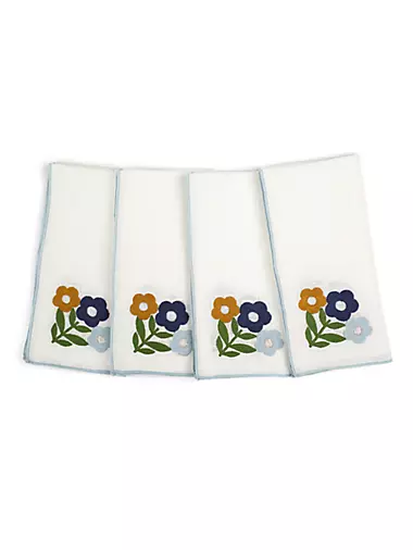 Floral Embroidered Linen 4-Piece Napkin Set