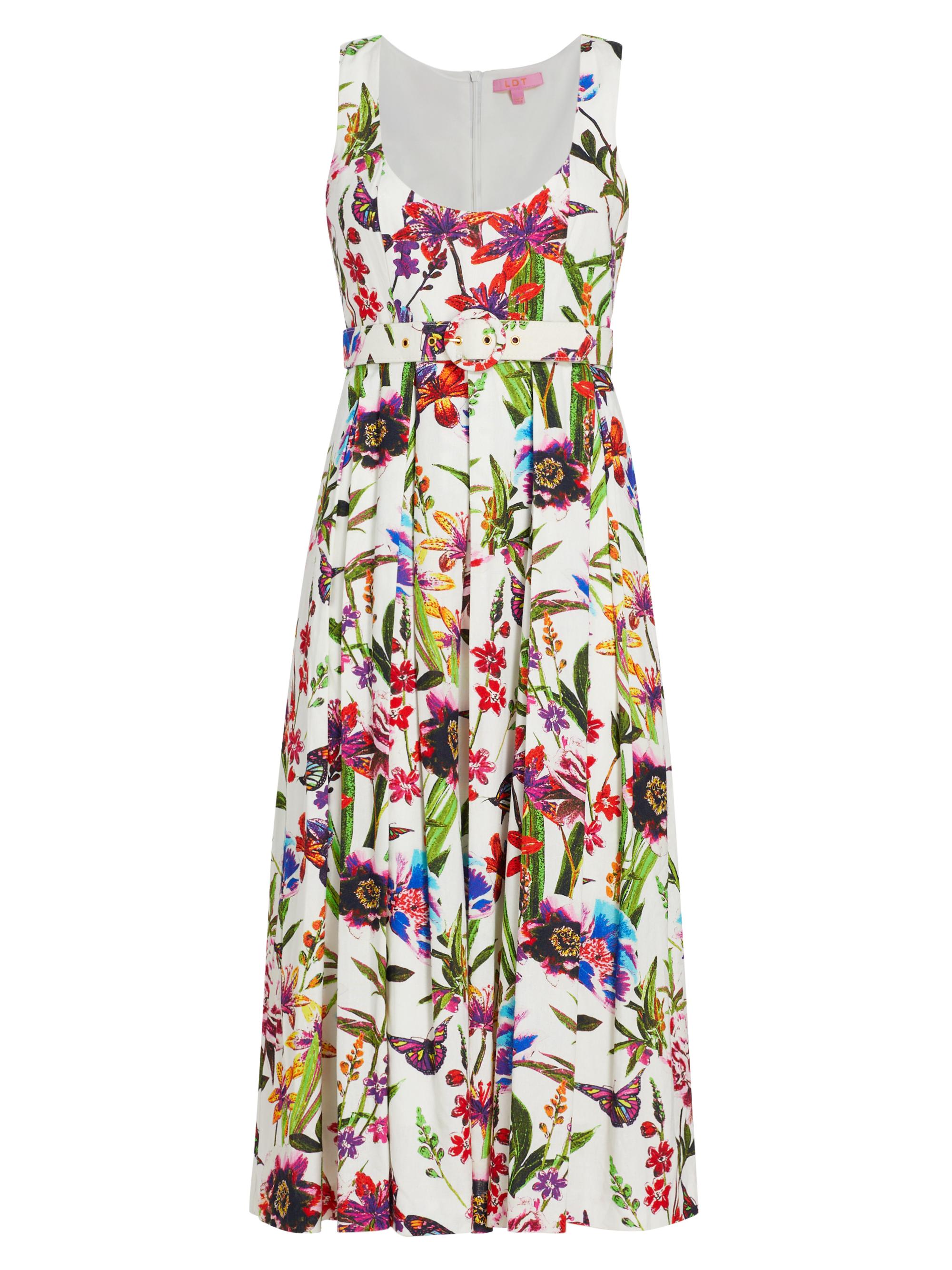 LDT Women's Athena Belted Floral Linen-Blend Midi-Dress - White Botanical Floral