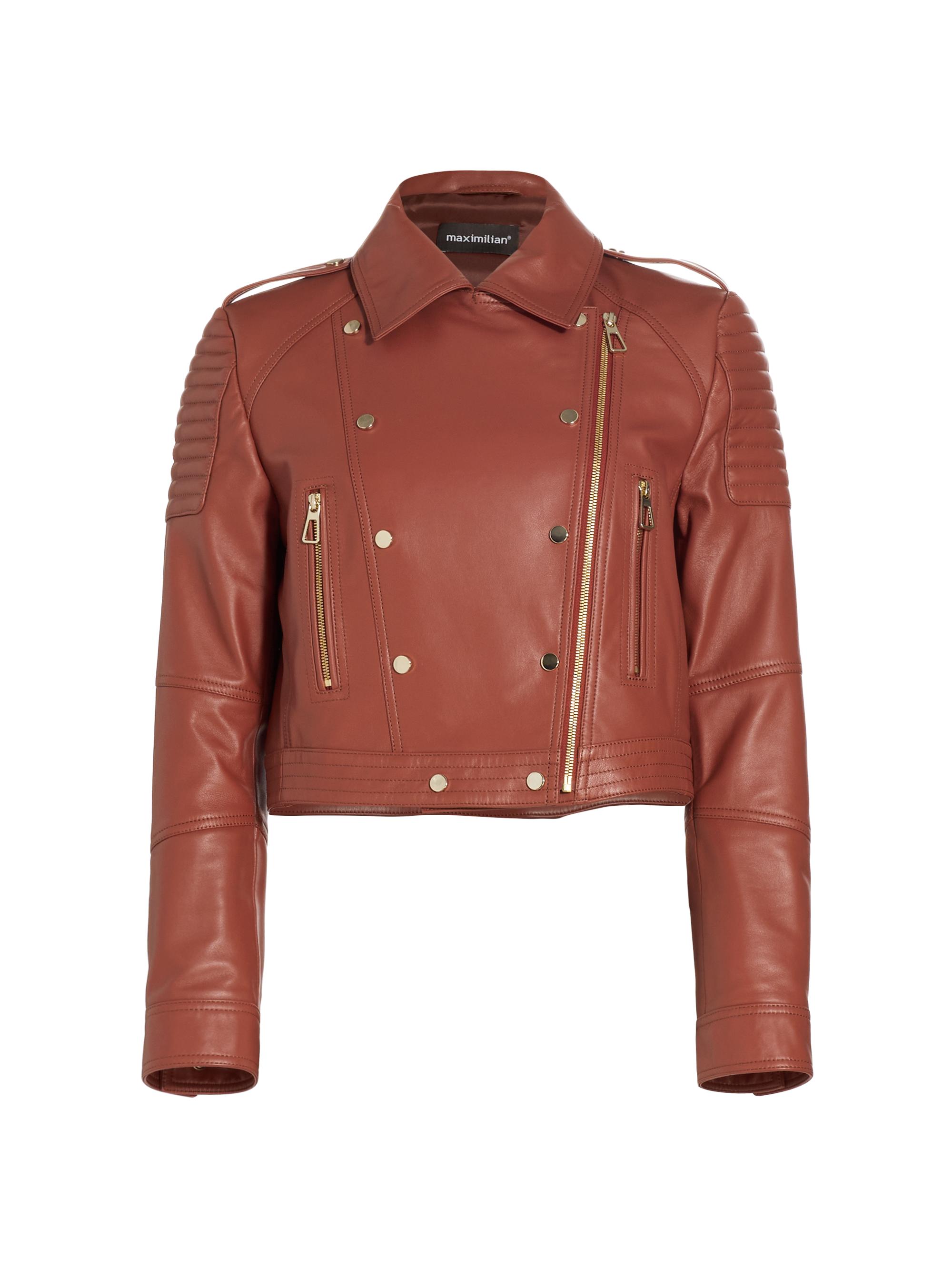 Maximilian Women's Cropped Leather Biker Jacket - Terracotta