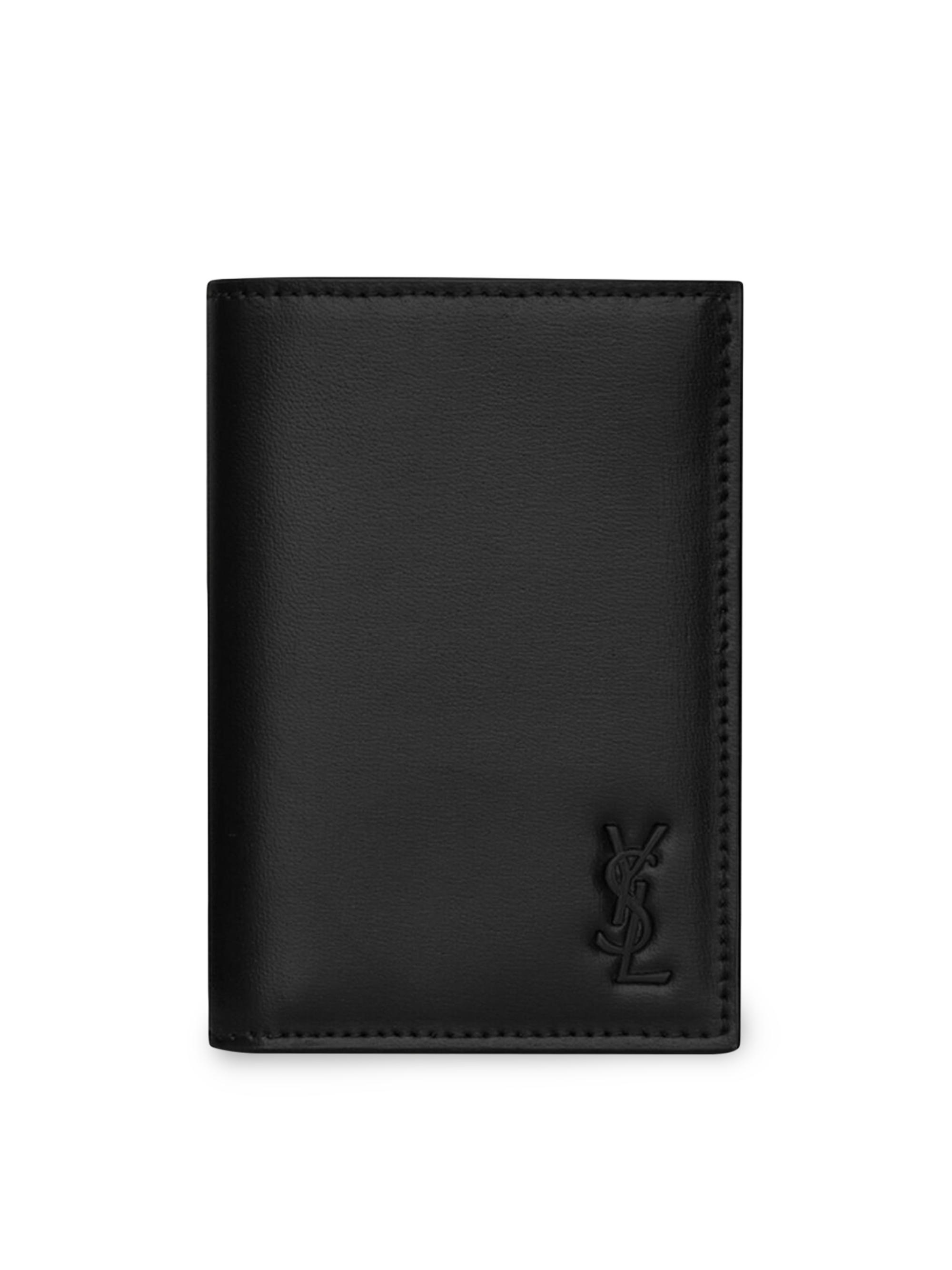 美品✨サンローランTINY CASSANDRE LEATHER 二つ折り財布 黒 Saint Laurent Tiny Cassandre Credit Card Wallet in Shiny Leather