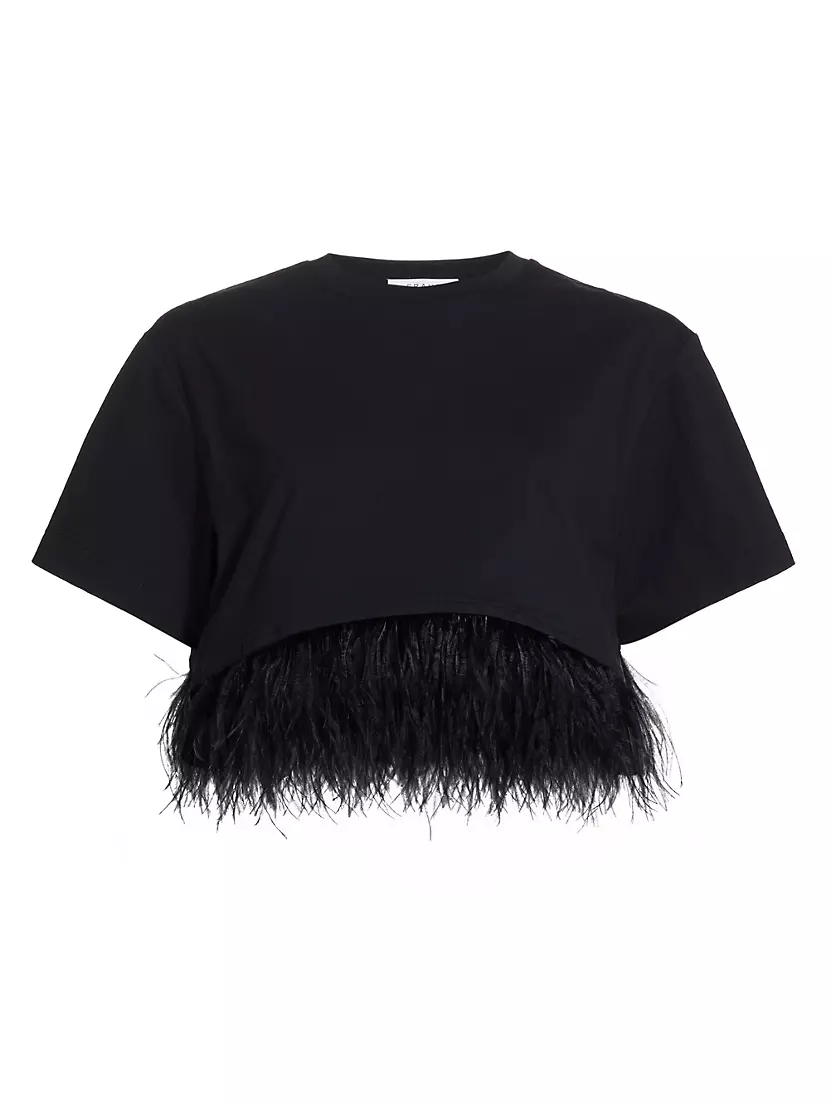 Frame Cropped Feather T-Shirt | Noir | Cotton | Size Xs