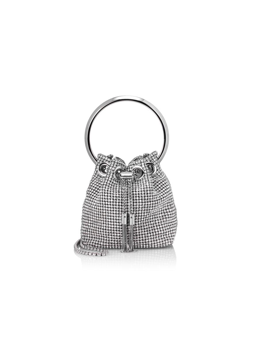 【Jimmy Choo】Micro Bon Bon ミニ バケットバッグ リボンが最強 JIMMY CHOO Bon Bon micro crystal-embellished satin bucket