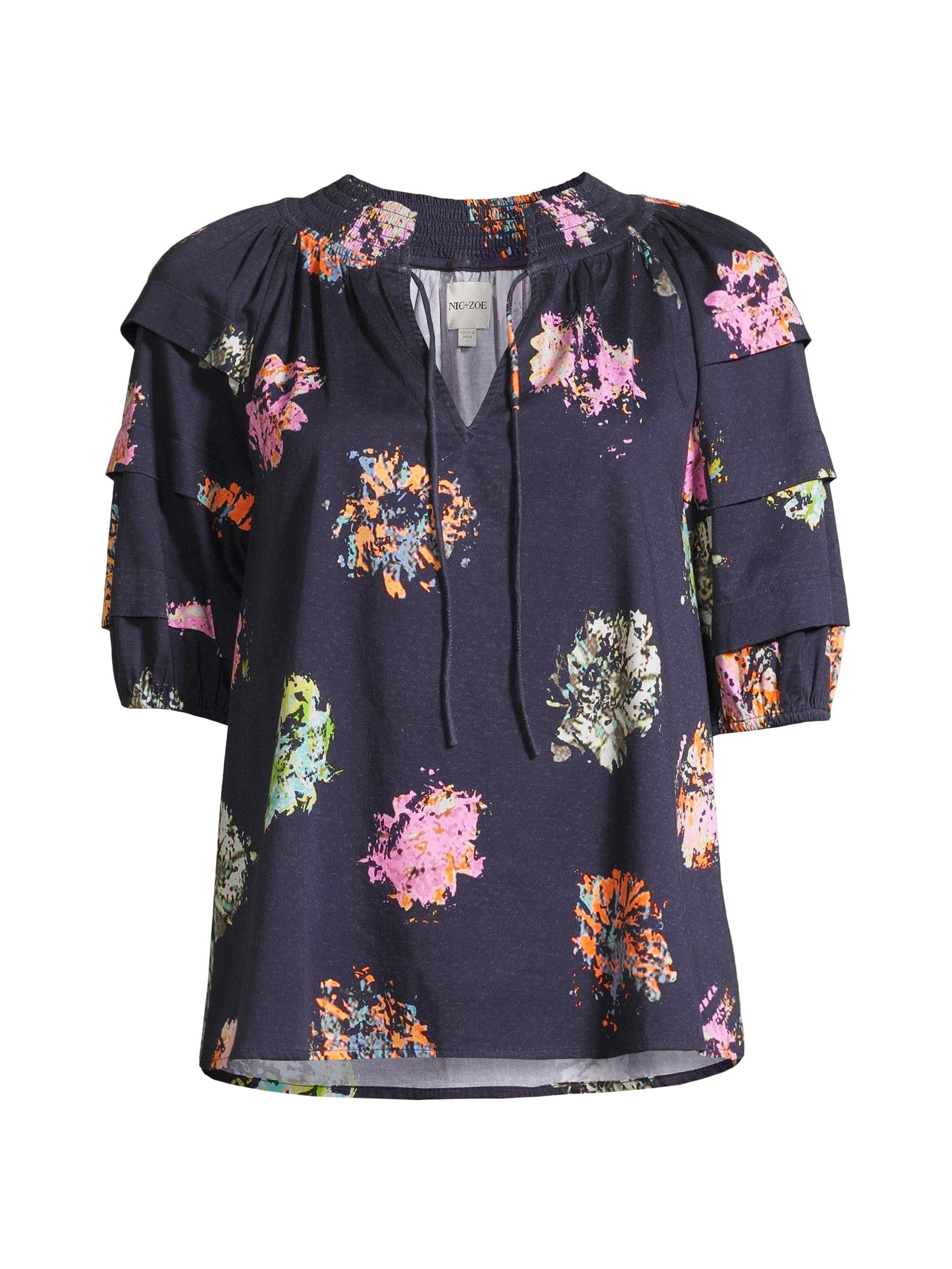 NIC+ZOE Women's Bright Spot Ruffled Petite Blouse - Indigo Multi
