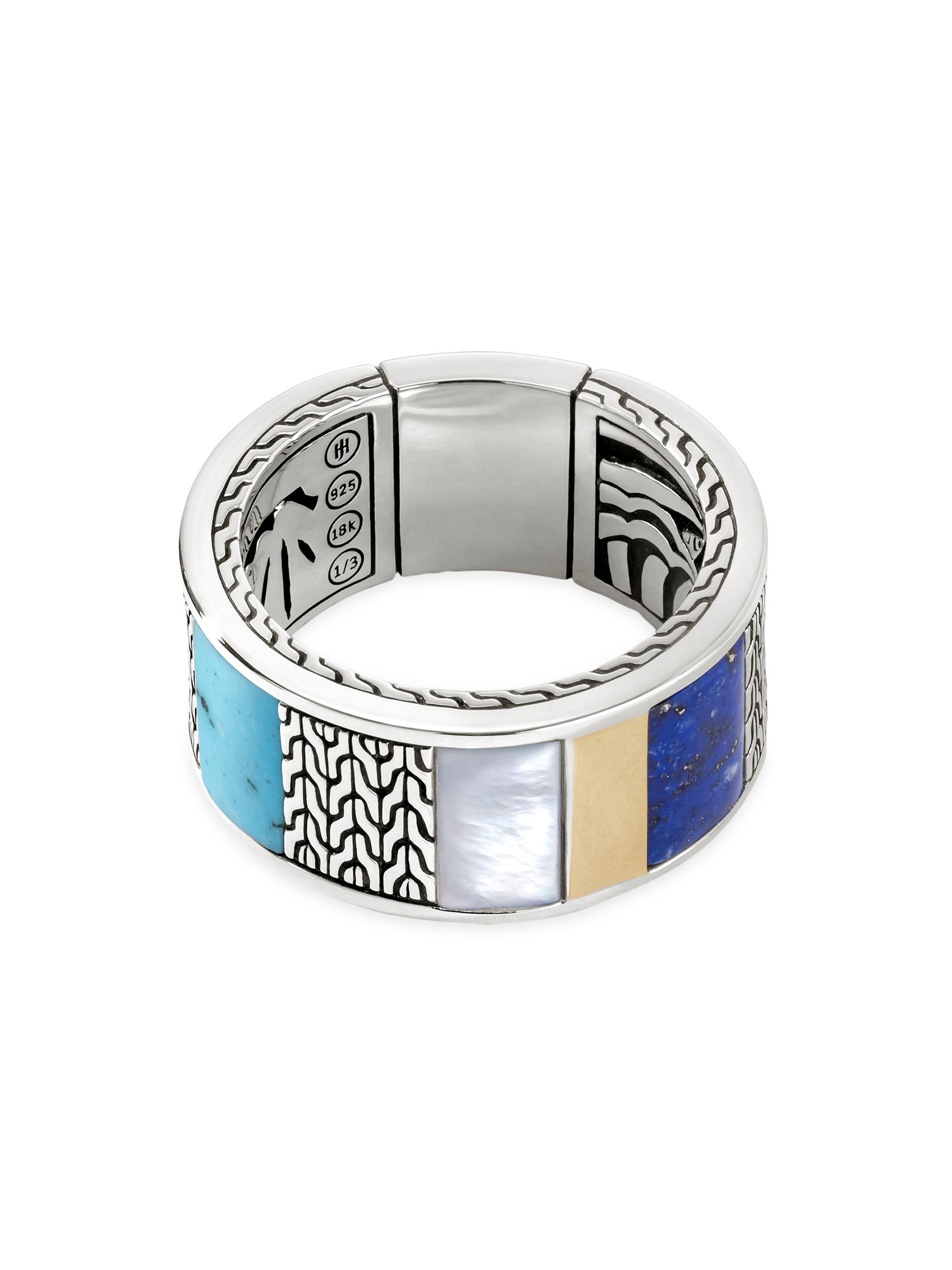 John Hardy Men's Thailand Carved Chain Inlay Band Ring - Blue