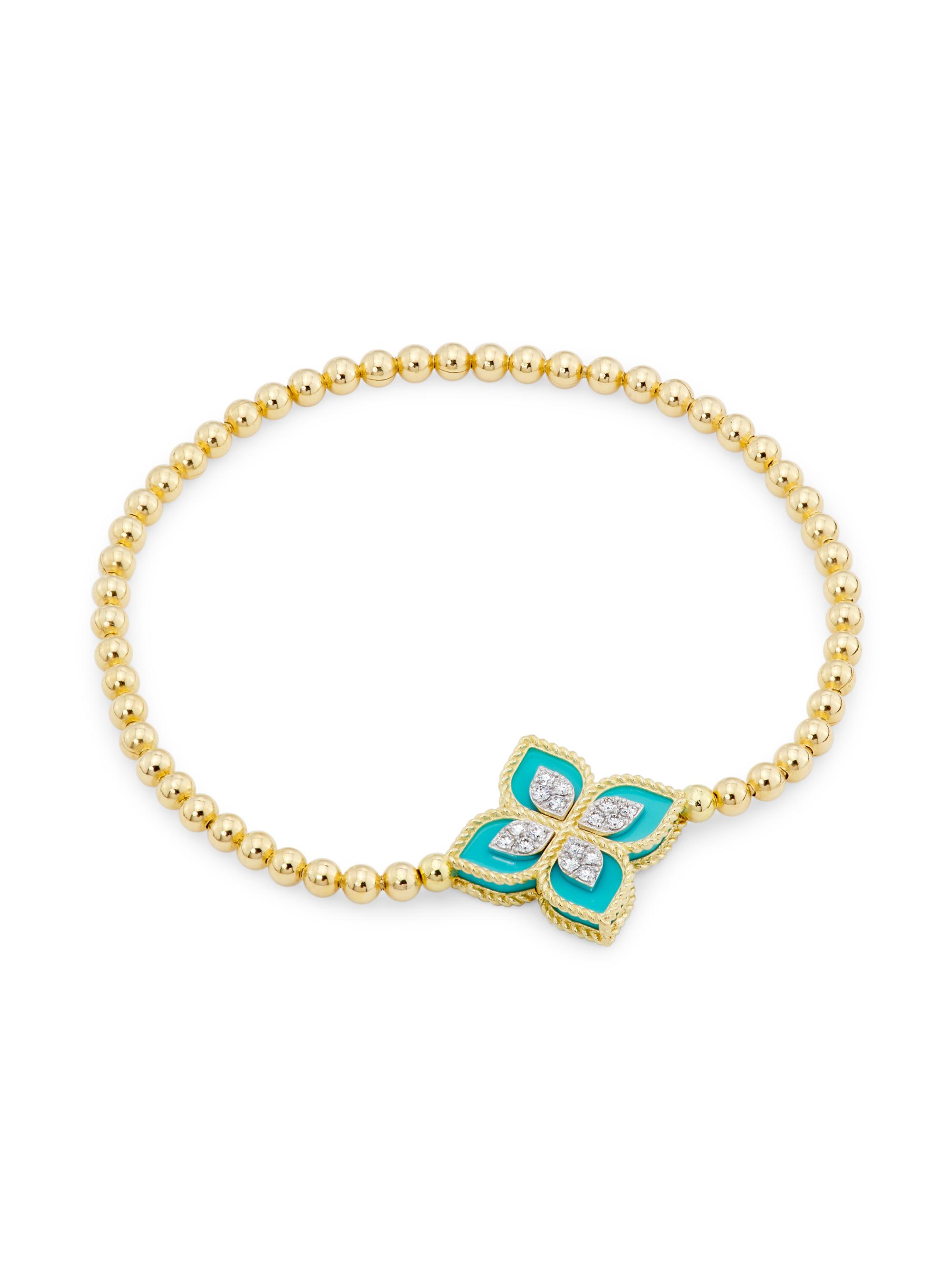Roberto Coin Women's Venetian Princess 18K Yellow Gold, Turquoise & 0.15 TCW Diamond Beaded Stretch Bracelet - Gold