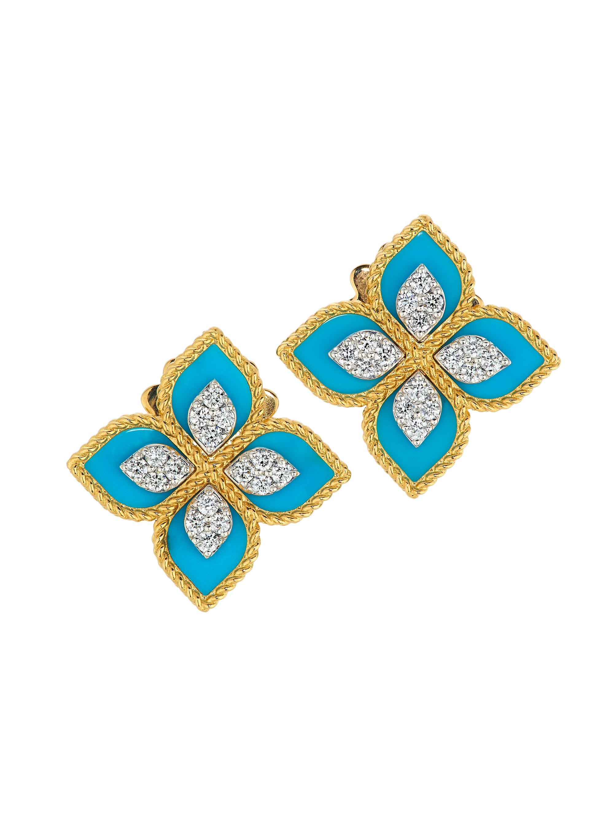 Roberto Coin Women's Venetian Princess 18K Yellow Gold, Turquoise & 0.35 TCW Diamond Flower Stud Earrings - Turquiose