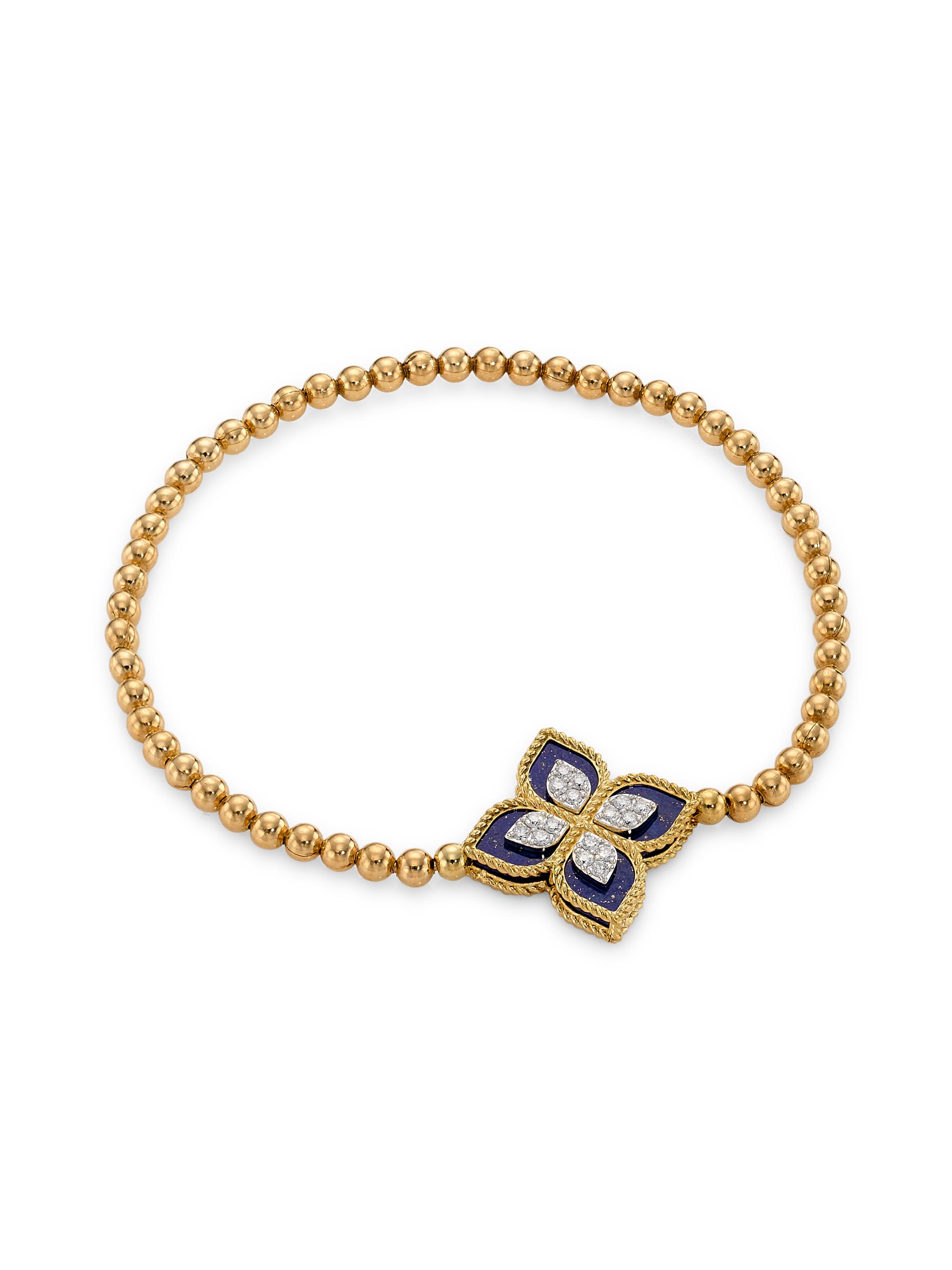 Roberto Coin Women's Venetian Princess 18K Yellow Gold, Lapis Lazuli & 0.15 TCW Diamond Beaded Stretch Bracelet - Gold