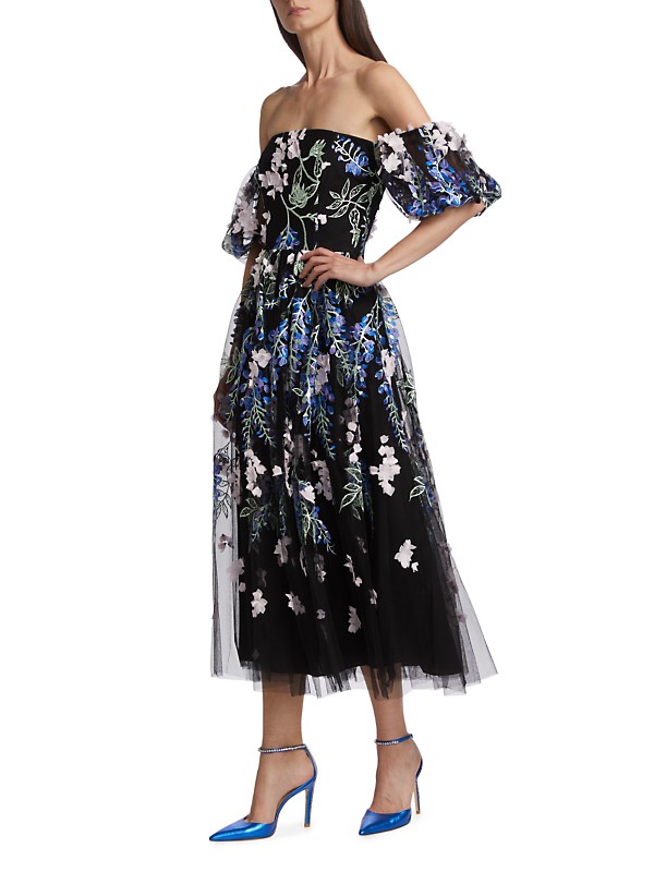 Shop Marchesa Notte Floral Off-The-Shoulder Midi-Dress Shop Marchesa Notte Floral Off-The-Shoulder Midi-Dress