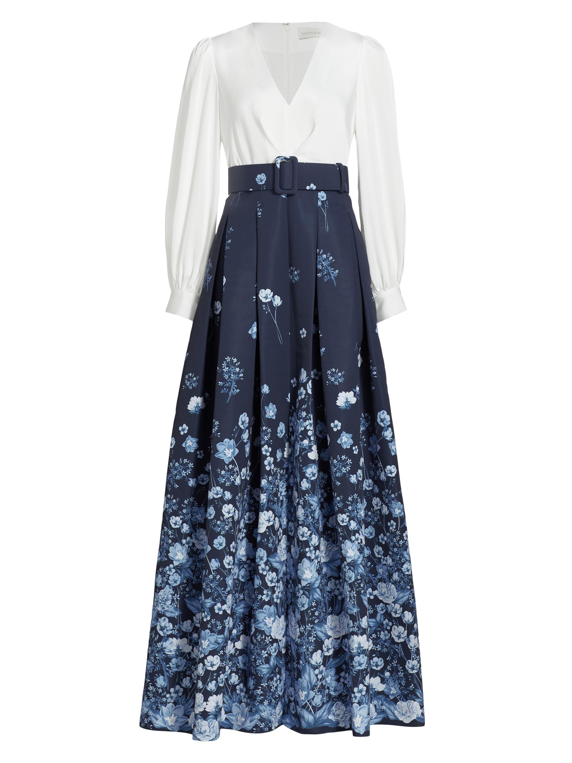 Sachin & Babi Women's Zoe Belted Mixed-Media Gown -  Sapphire Blue Floral