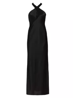Galvan London Women's Evelyn Satin Crisscross Halter Gown - Black
