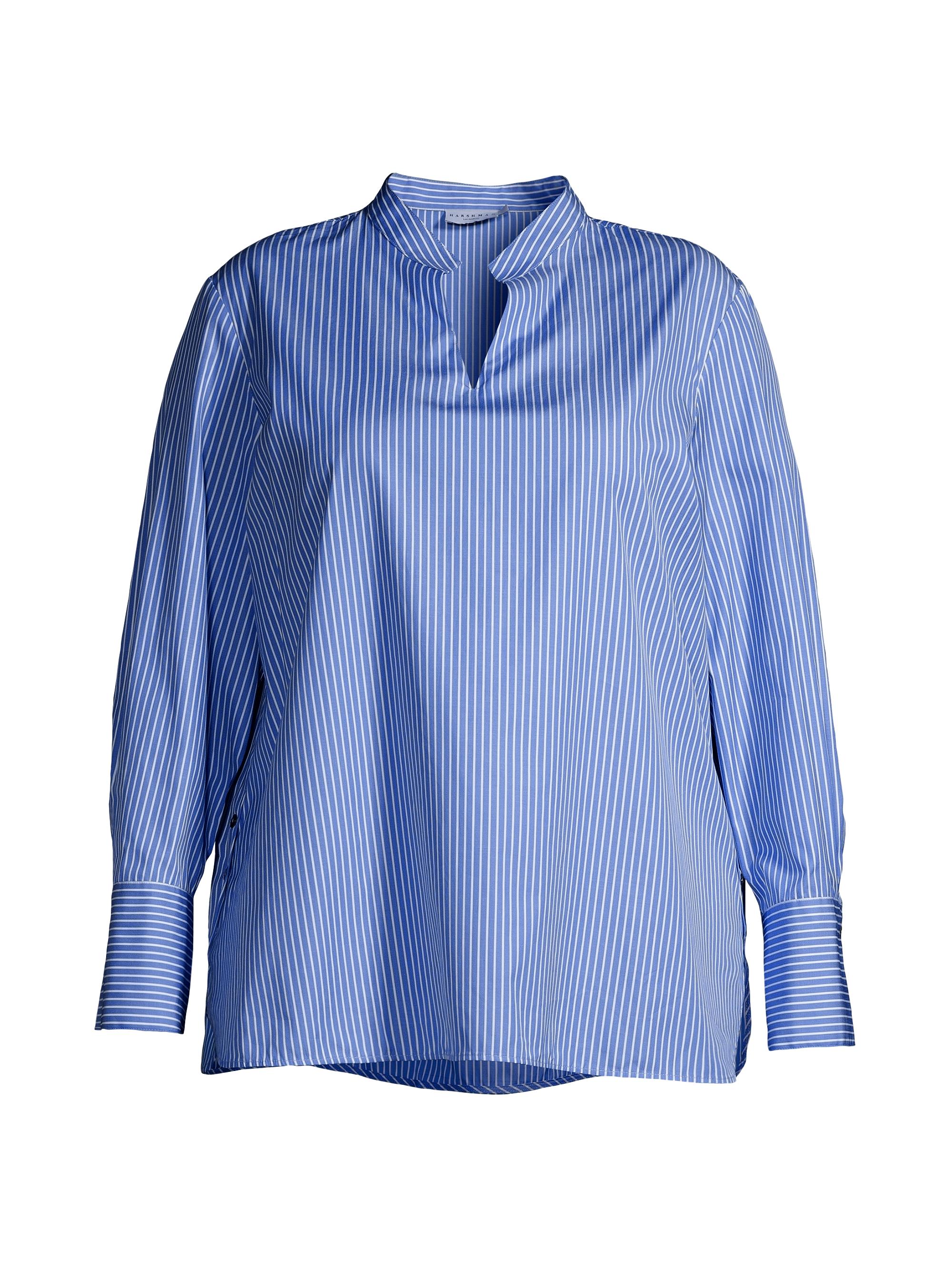 Harshman Women's Plus Size Ellis Long-Sleeve Cotton Blouse - Indigo Pinstripes